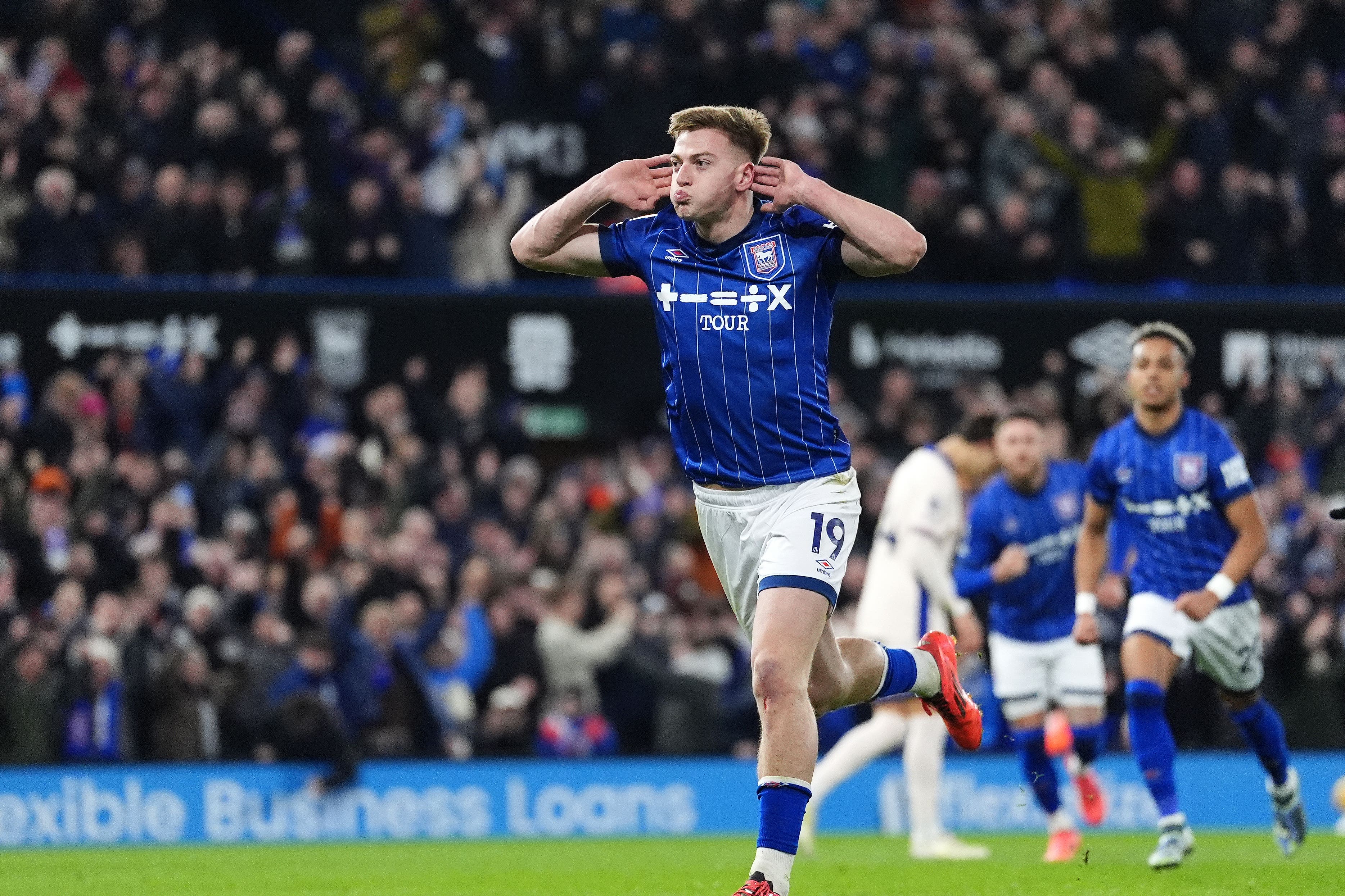 Liam Delap celebrates his goal for Ipswich against Chelsea (Adam Davy/PA)