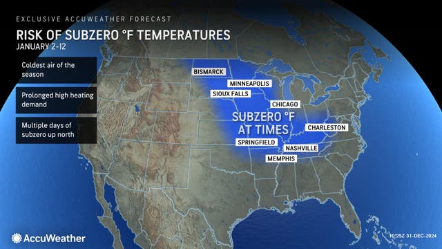 <p>A map shows the risk of subzero temperatures across much of the US this week and next.</p>