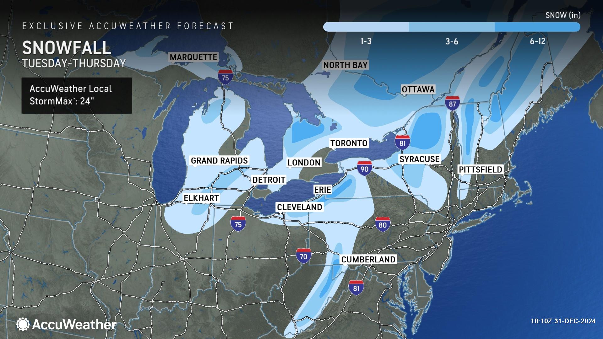 A map shows snowfall this week forecast across the Midwest, Great Lakes, and Northeast. Snow is expected in the Great Lakes region this week