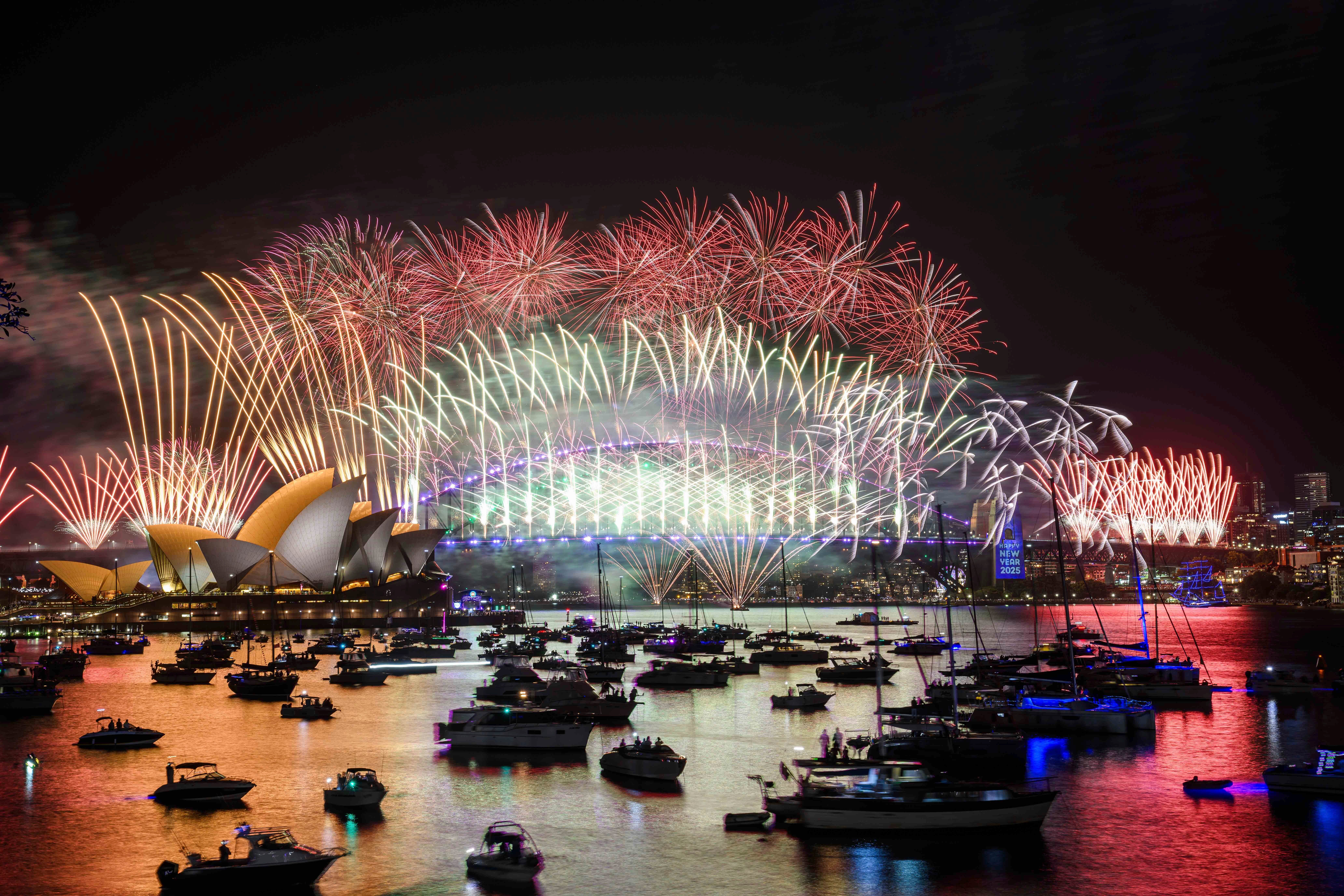 Fireworks explode over Australia’s Sydney Opera House and Harbour Bridge during New Year’s Eve celebrations on Tuesday. To mitigate ecosystem effects, experts suggest using more animal-friendly alternatives, like light shows