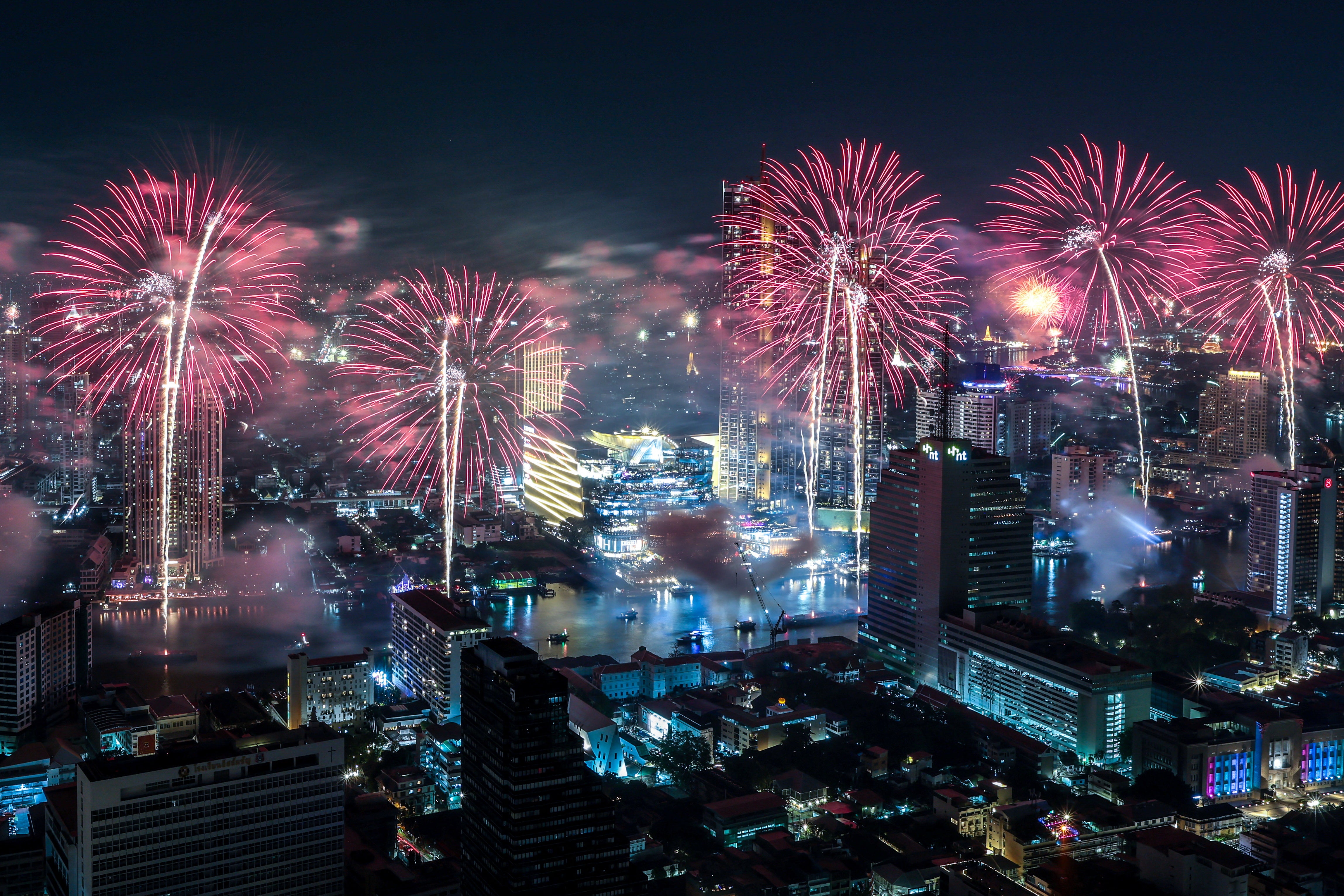 Fireworks explode during the New Year celebrations in Bangkok, Thailand