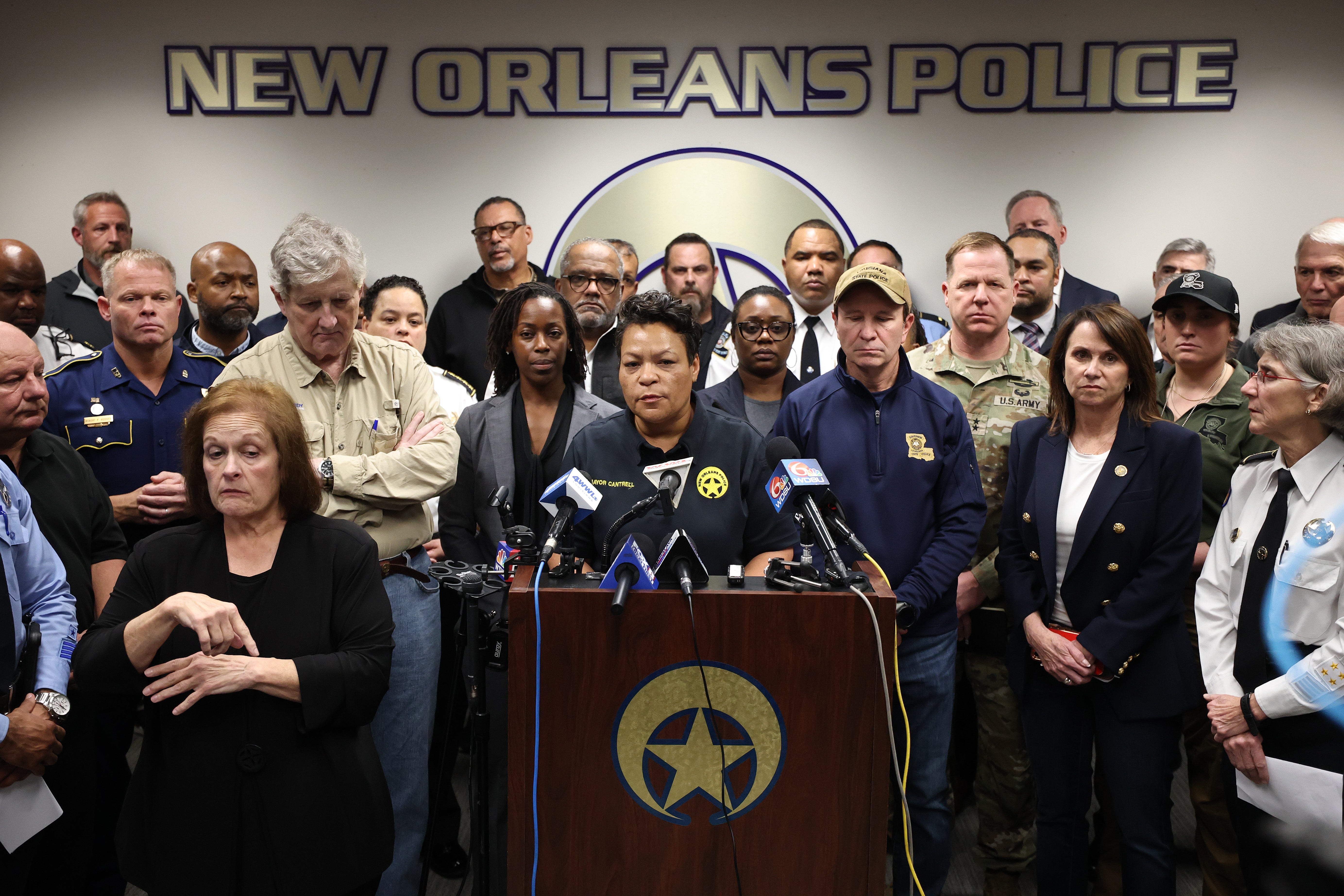 New Orleans Mayor LaToya Cantrell speaks to the media during a press conference on January 1