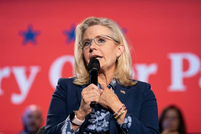 <p>Former U.S. Rep. Liz Cheney (R-WY) speaks at a town hall with Democratic presidential nominee, Vice President Kamala Harris, at the Royal Oak Music Theatre on October 21, 2024 in Royal Oak, Michigan</p>