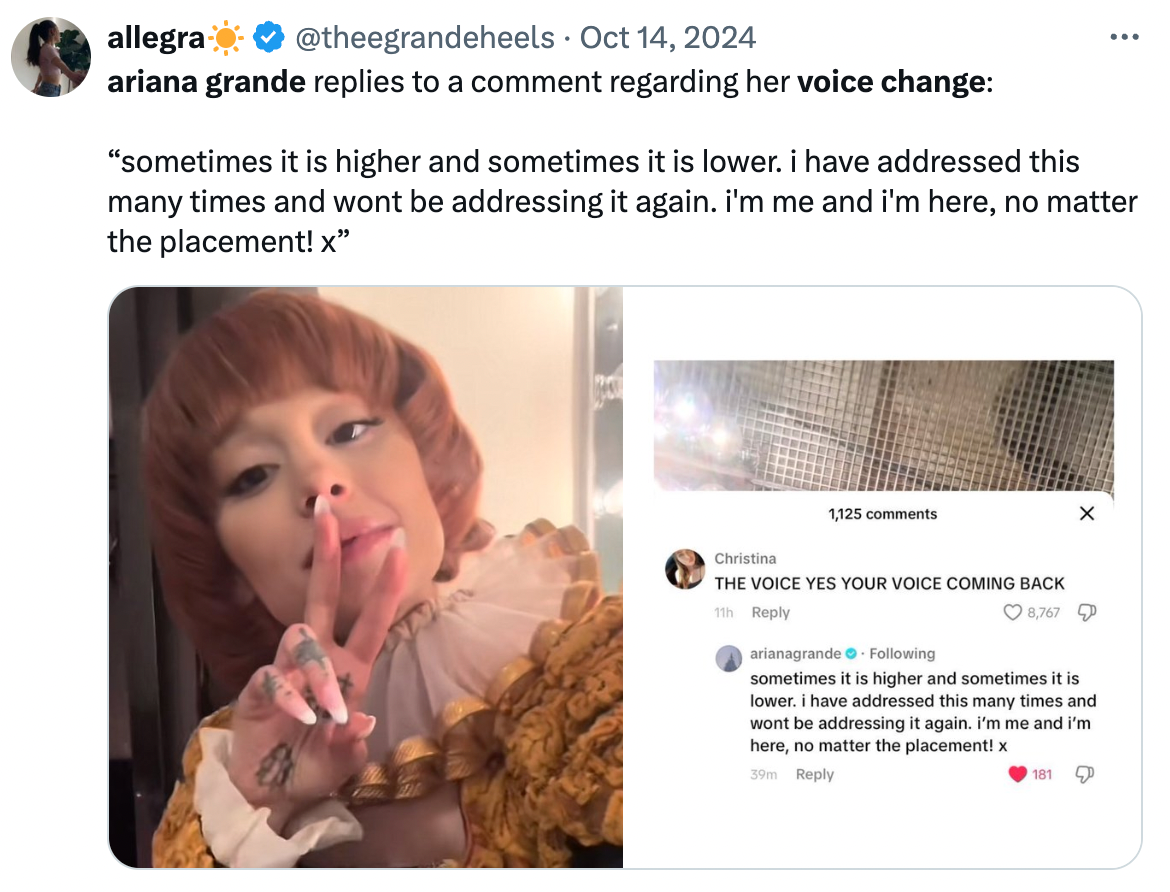 Grande responds to TikTok comment about her voice change