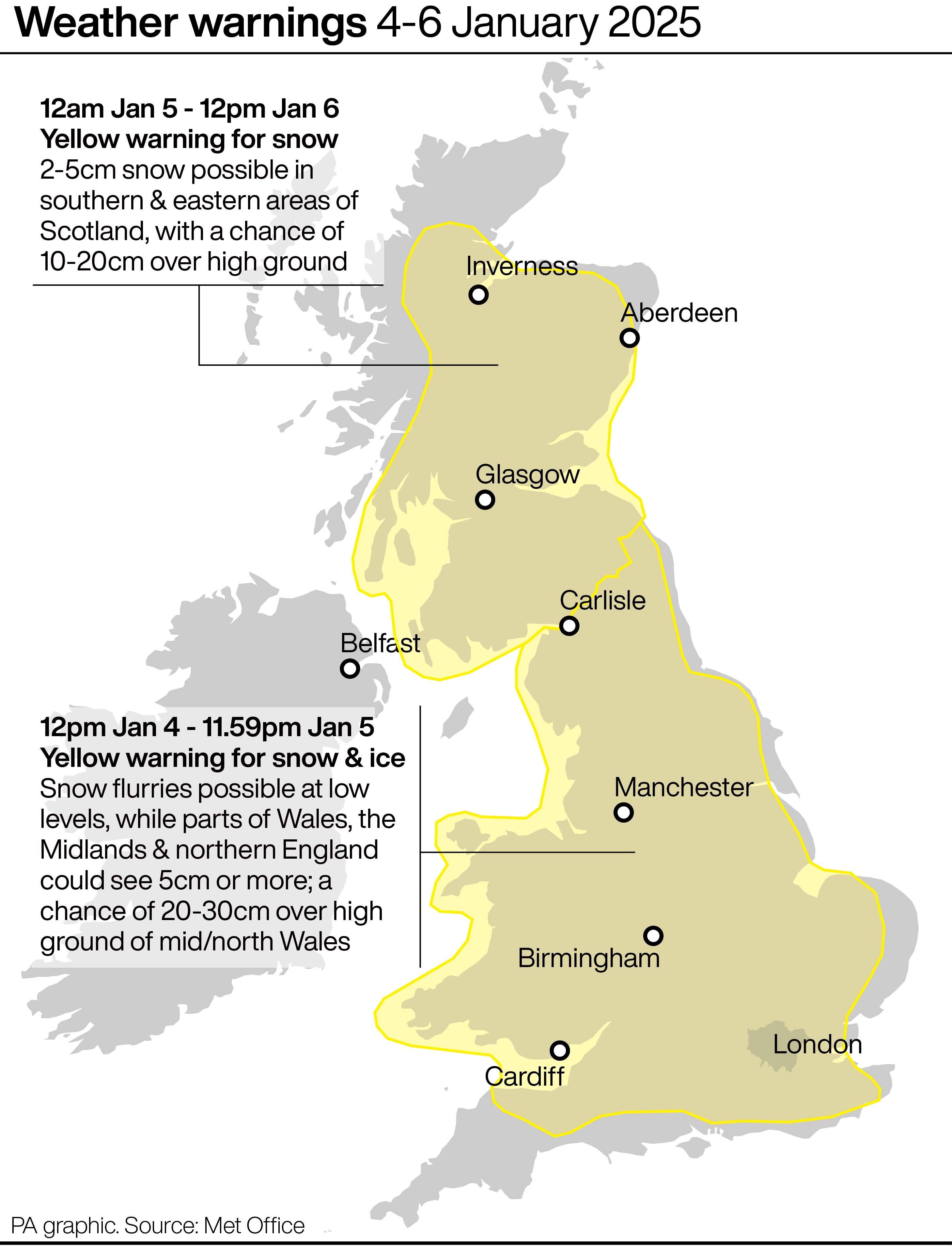 A map of the UK showing weather warnings