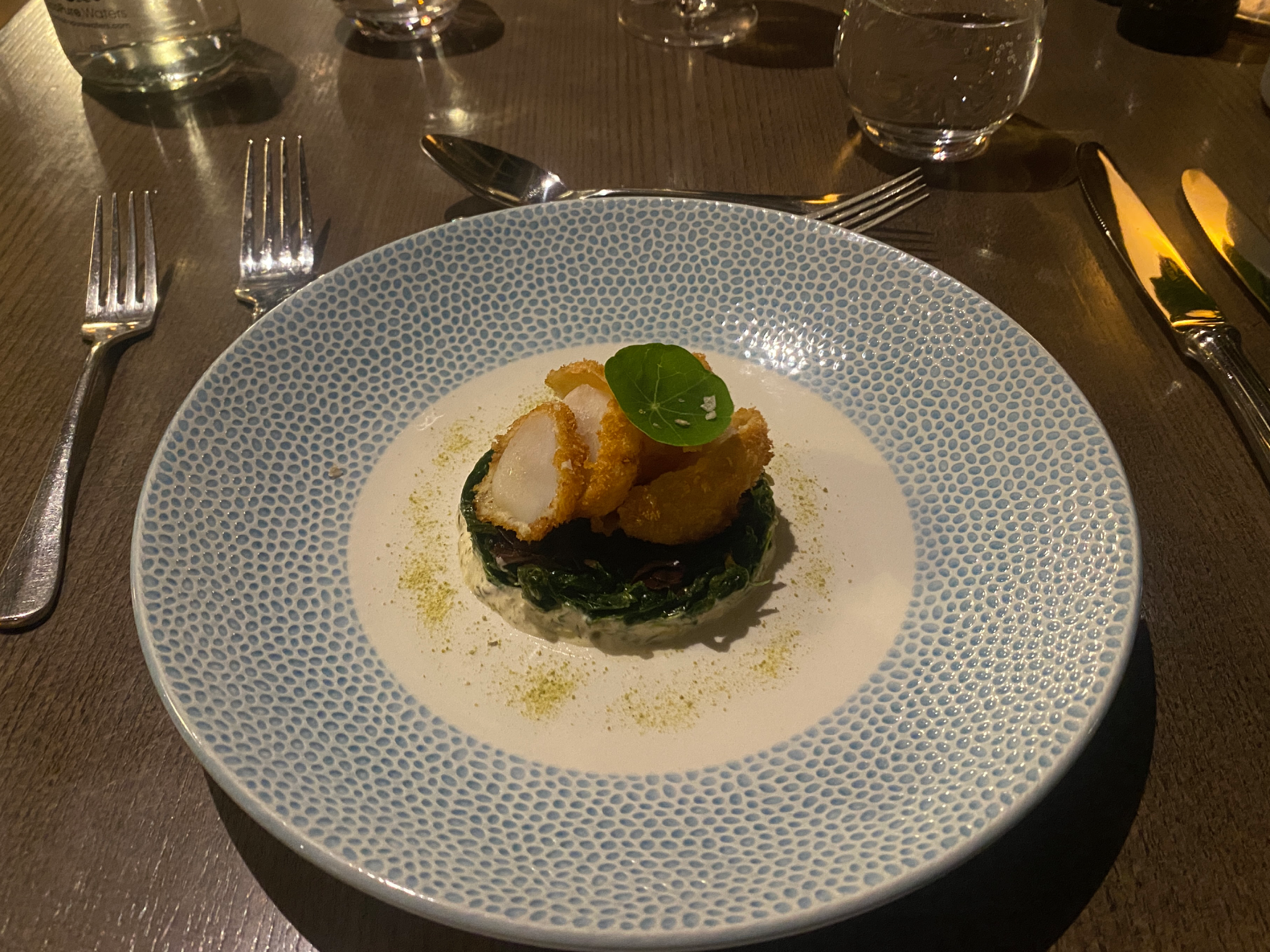 Fried scallop starter from the Gardenia restaurant’s seasonal and ever-changing menu