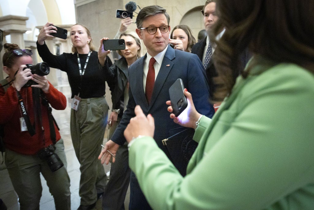 U.S. Speaker of the House Mike Johnson (R-LA) talks with members of the media while walking to his office on January 3, 2025 in Washington, DC. It may take several rounds of voting for him to retain the speakership