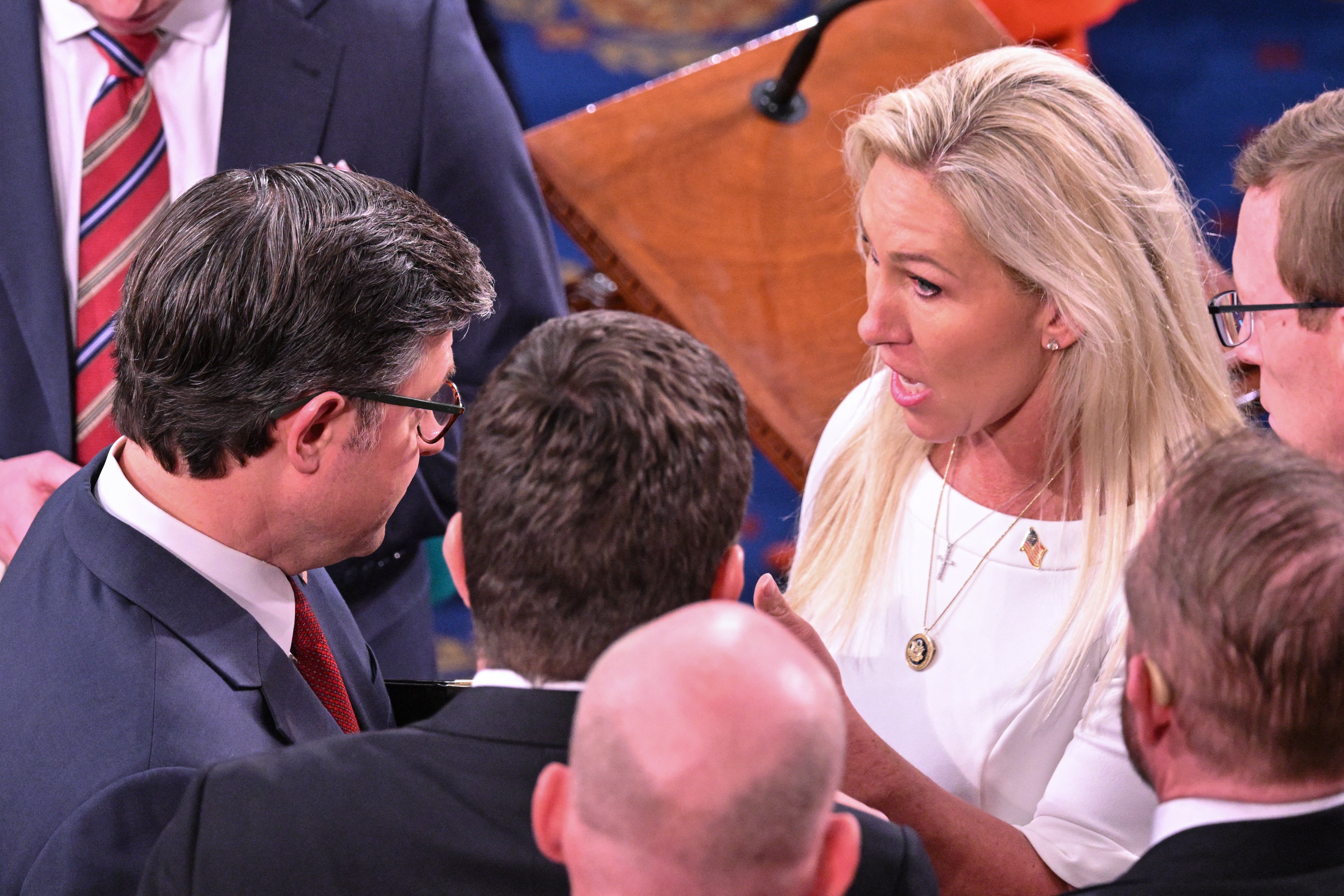 Marjorie Taylor Greene (right) said that Republican leadership has ‘marginalized’ GOP women, after breaking from Johnson’s leadership multiple times