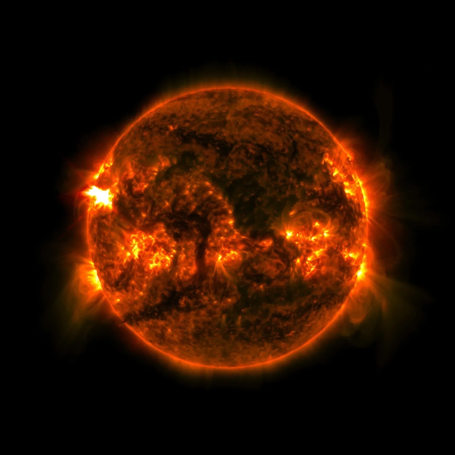 A strong X-class solar flare is seen on Friday morning bursting out of the sun’s upper left quadrant. The flare was captured by NOAA’s Solar Ultraviolet Imager