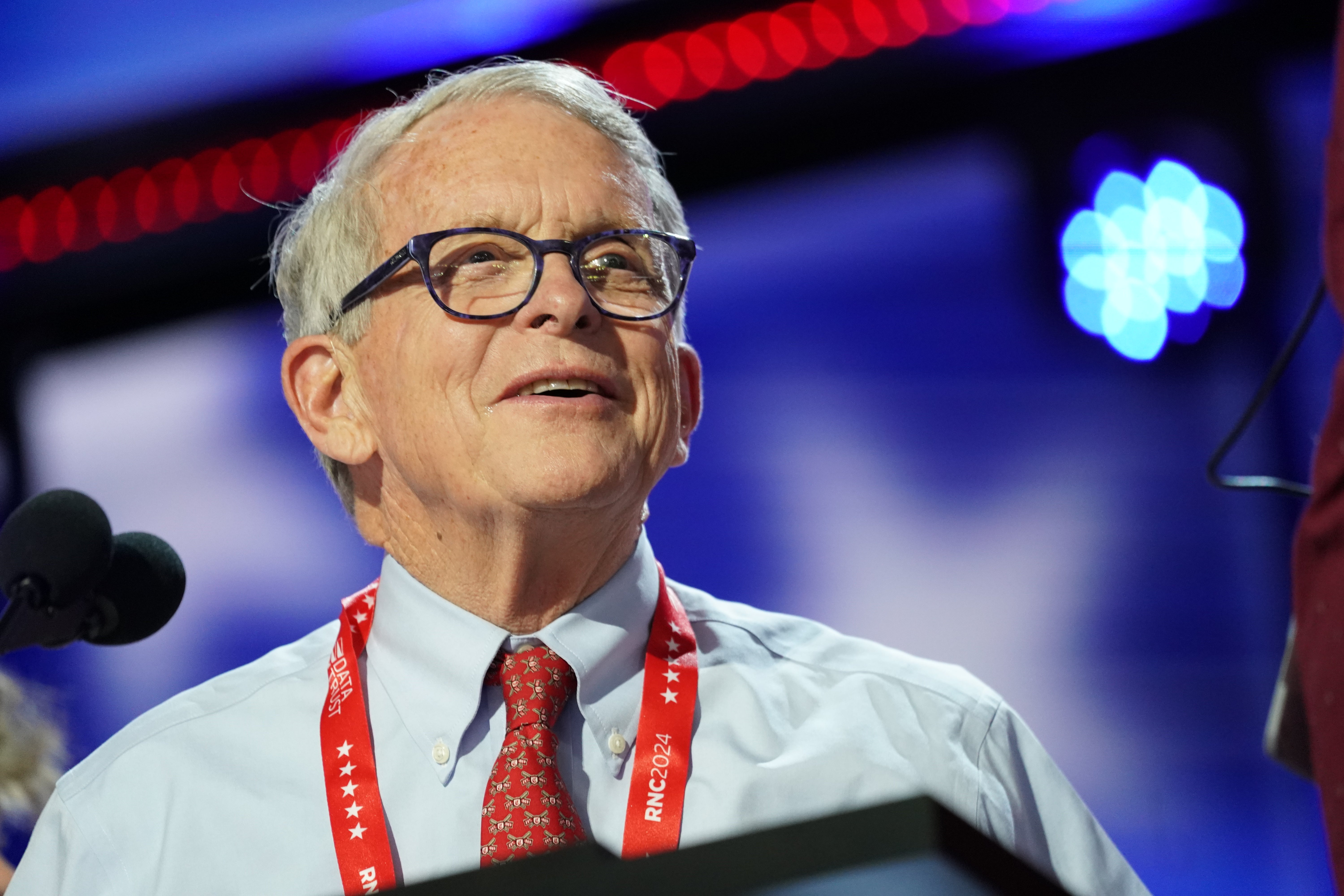 Ohio governor Mike DeWine is seen onstage at the Fiserv Forum during preparations for the Republican National Convention (RNC) on July 14, 2024, in Milwaukee, Wisconsin. He has signed a bill that will see the public charged for police footage