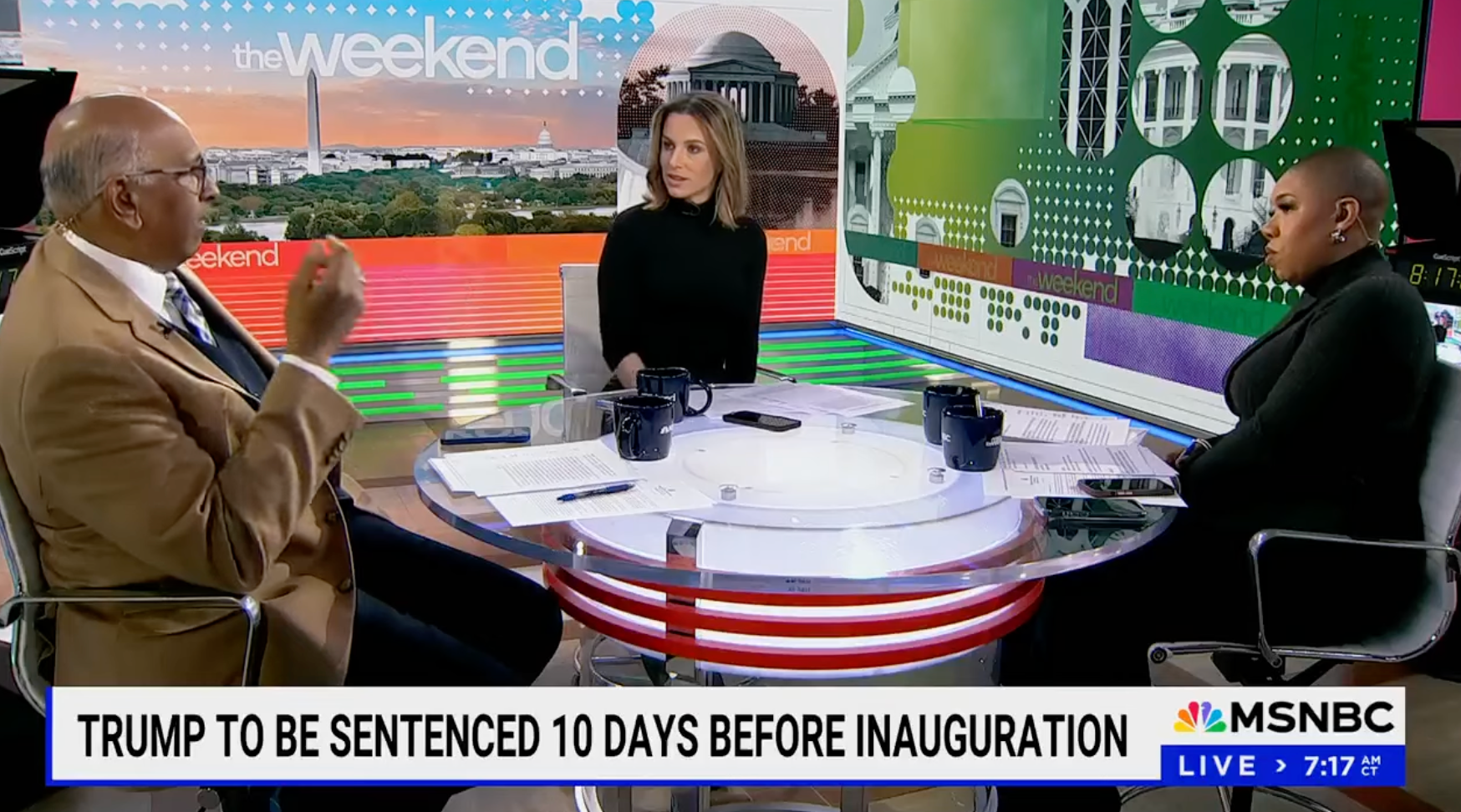 Michael Steele (left), Alicia Hernandez (center) and Symone Sanders Townsend speak on an MSNBC panel, laughing at Donald Trump’s recent Truth Social rant