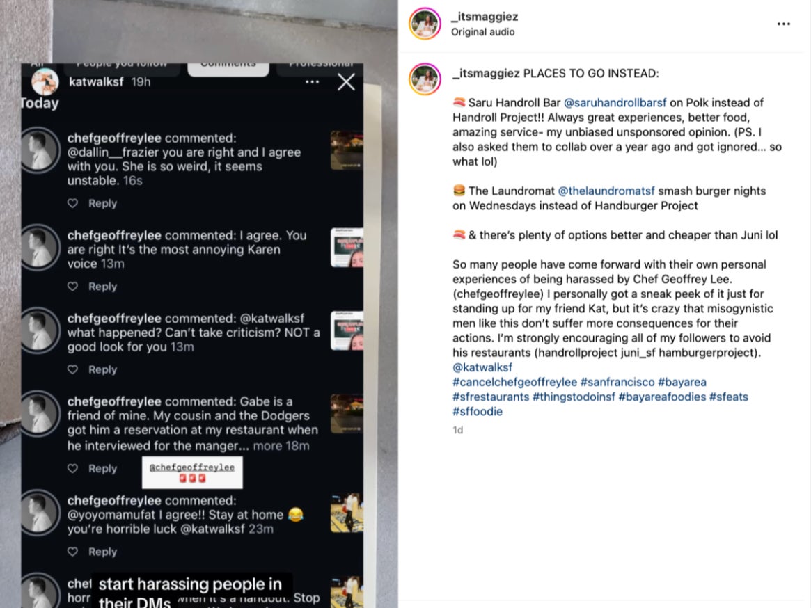 Influencer Maggie Z posted screenshots of Chef Geoffrey Lee’s messages on her Instagram Stories