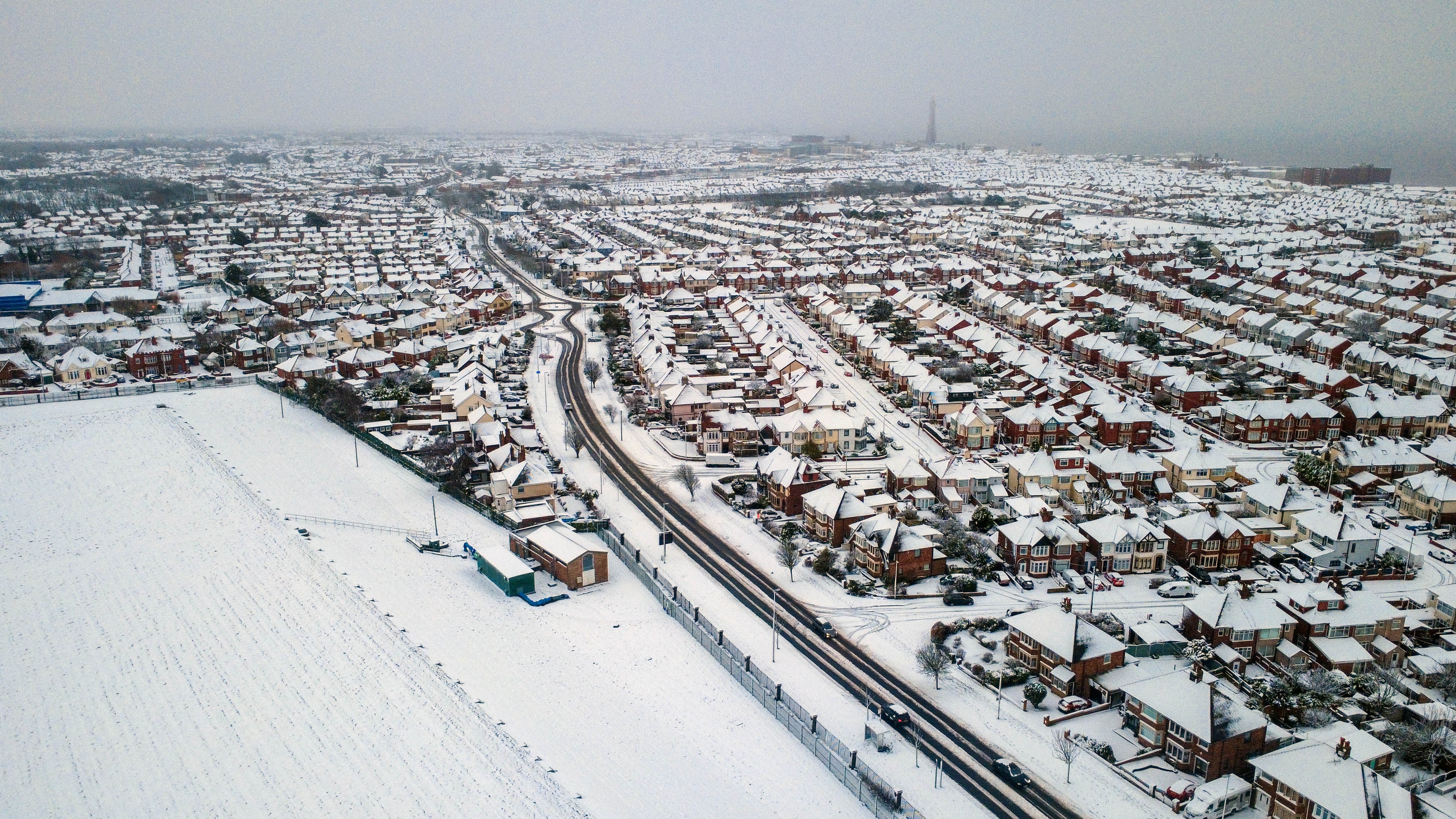 A blanket of snow covers Blackpool in Lancashire