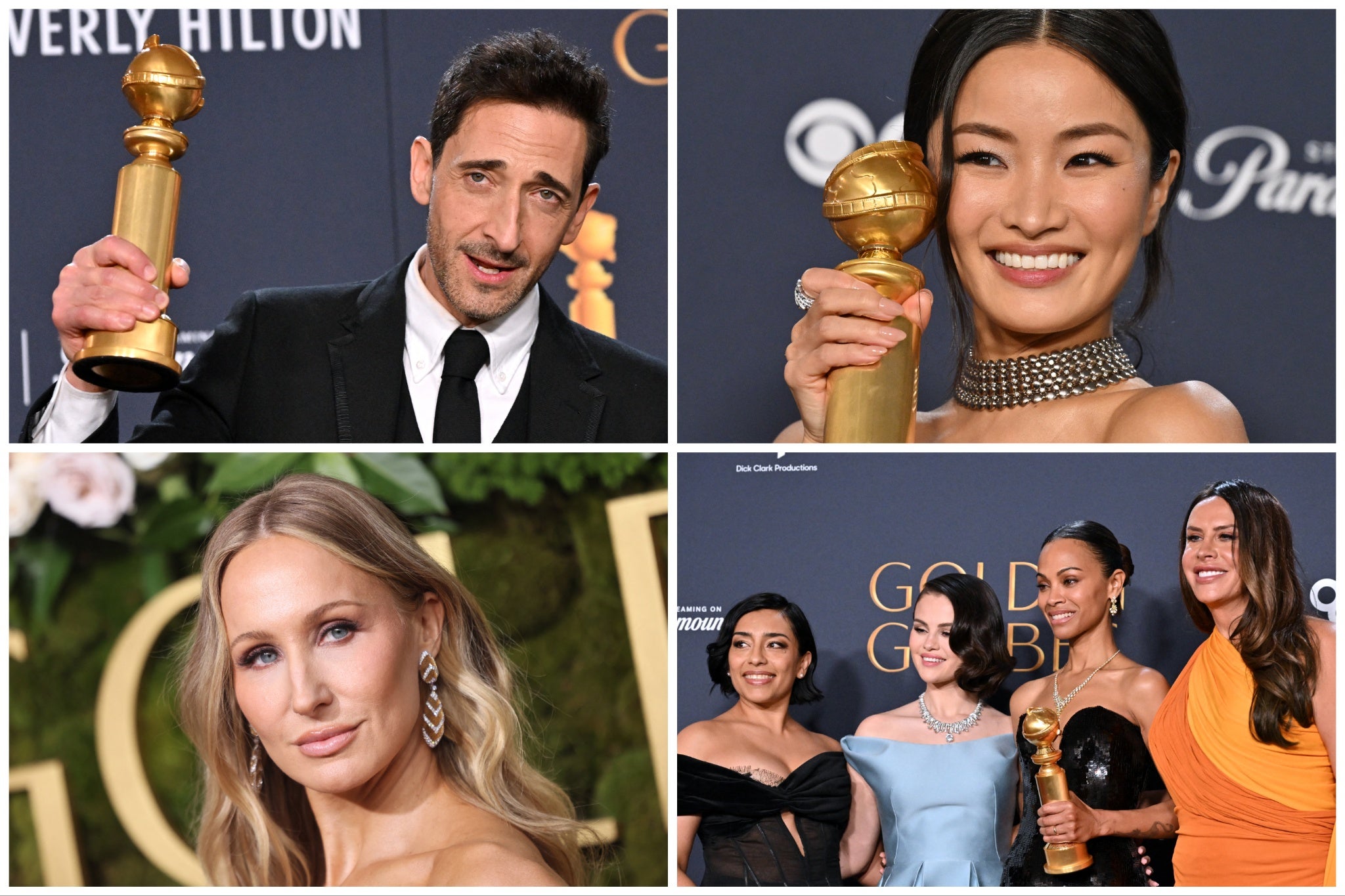 Clockwise from top left: Winners Adrien Brody (‘The Brutalist’), Anna Sawai (‘Shogun’), the cast of Emilia Pérez and host Nikki Glaser