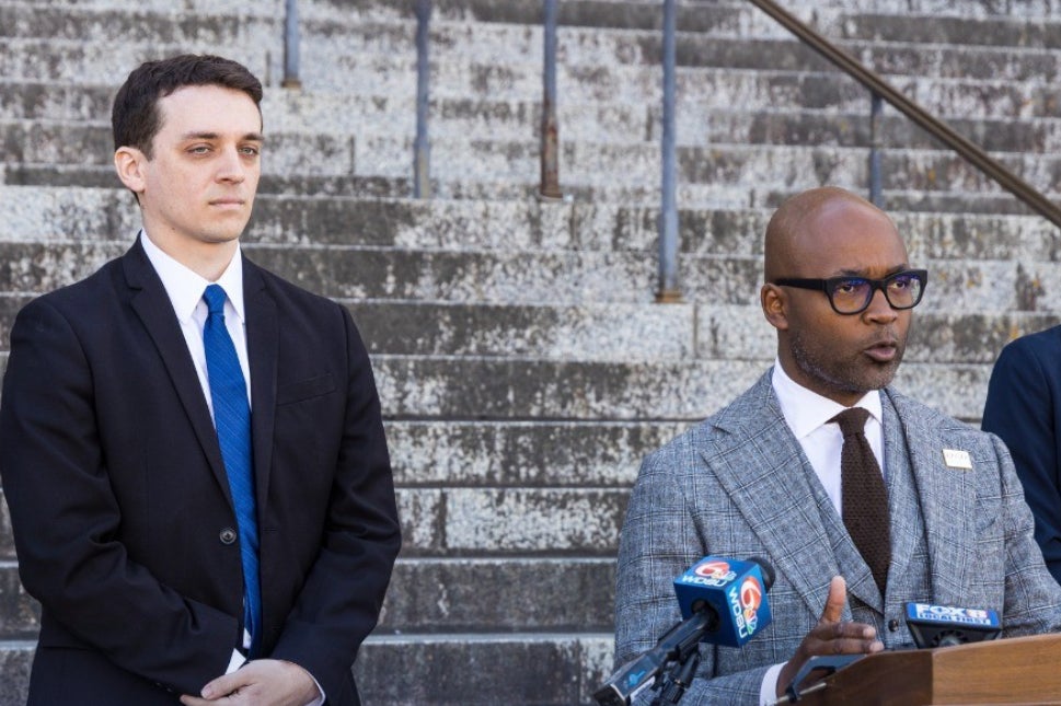 Orleans Parish Assistant District Attorney Ian Kersting (L) next to District Attorney Jason Williams (R) in November 2022