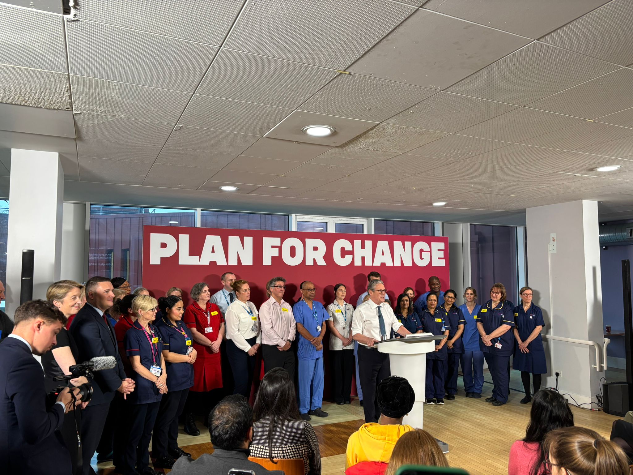 Sir Keir Starmer addresses the media and frontline NHS workers at a hospital in Surrey