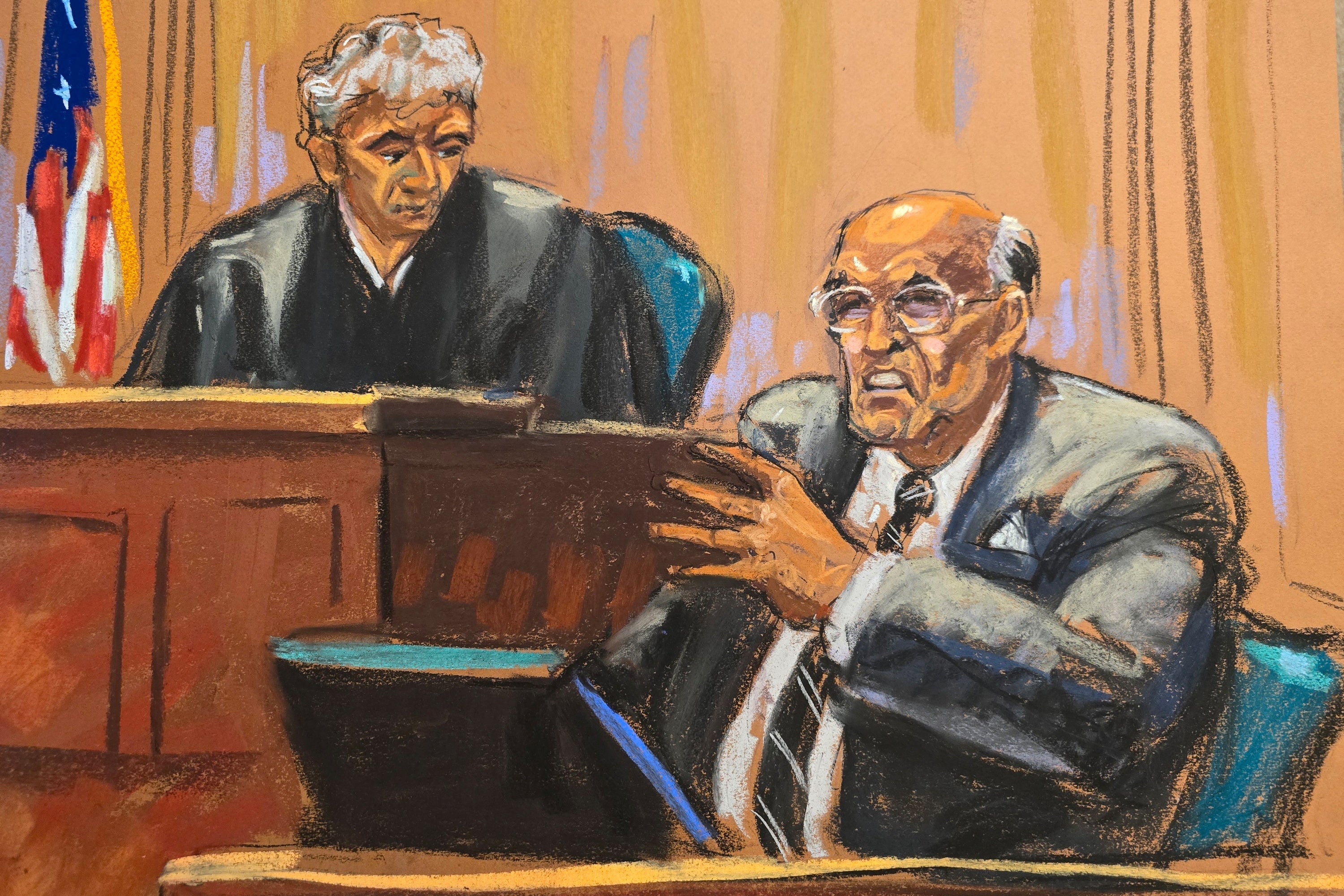 Giuliani testifying next to Liman in his contempt hearing on January 3 in Manhattan federal court