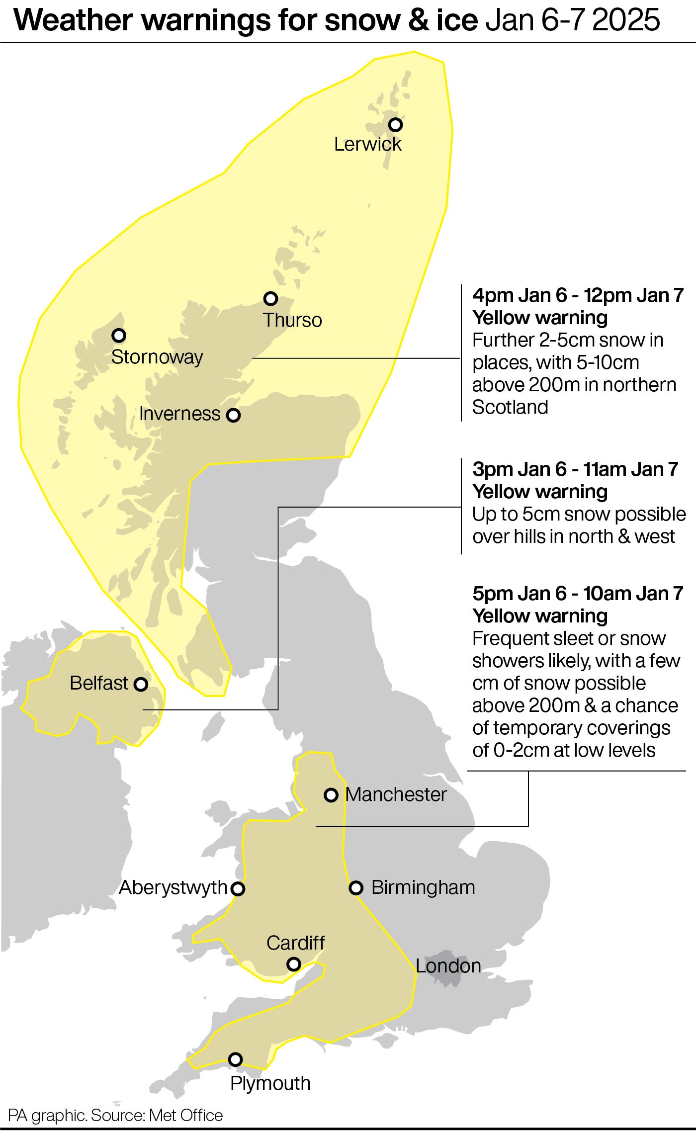 The weather alerts for snow and ice issued by the Met Office for Monday, extending into Tuesday