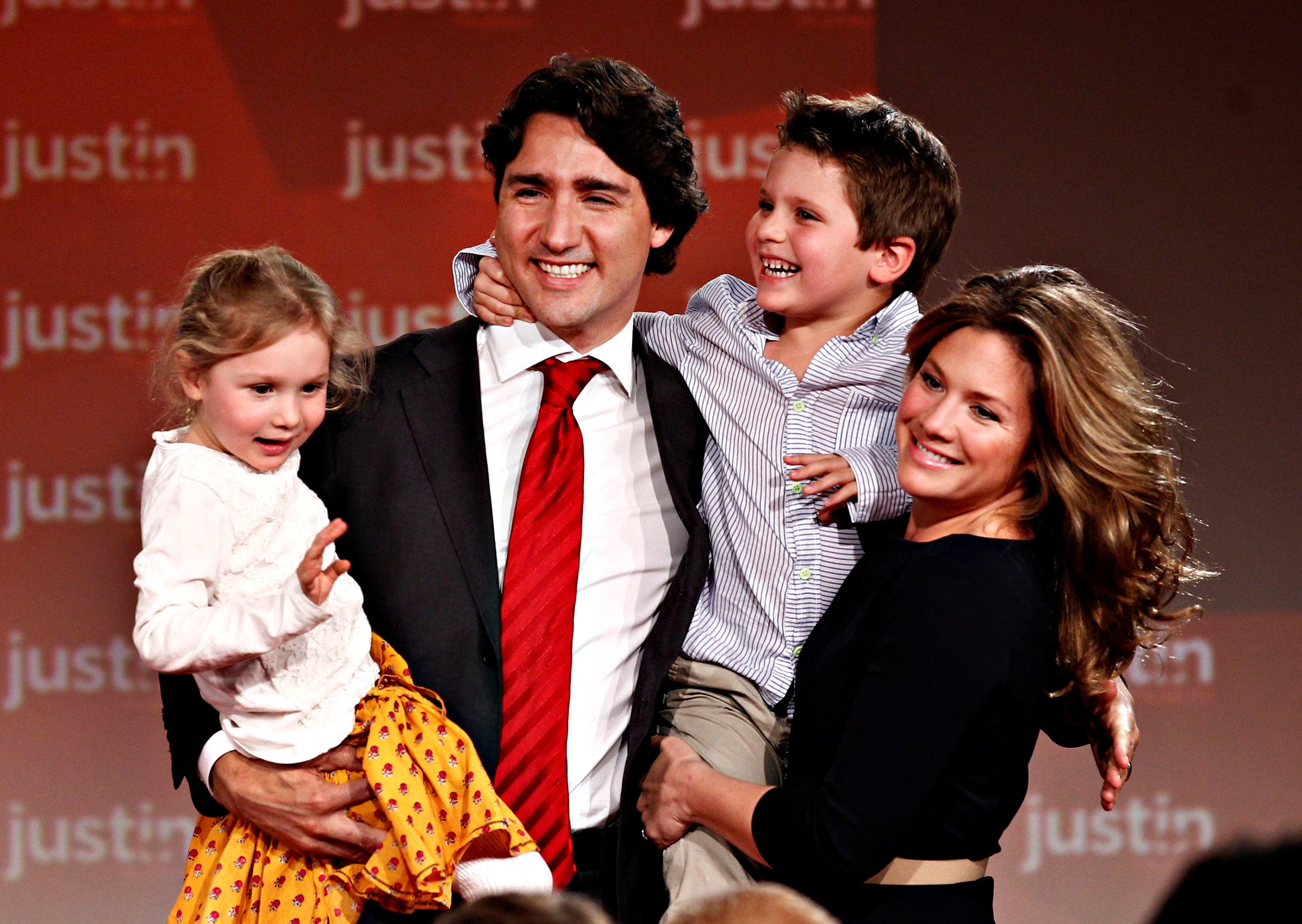 Justin Trudeau, his wife Sophie Grégoire, son Xavier and daughter Ella-Grace in 2013 after he was named the new leader of the Liberal Party