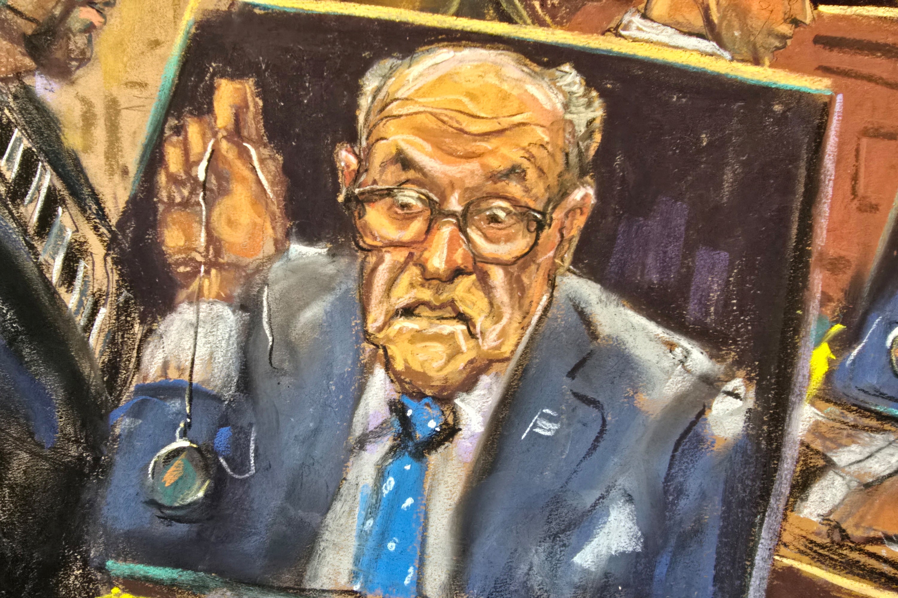 After a four-year court battle, the judgment was satisfied after Rudy Giuliani reached a settlement with the two defamed election workers. A court sketch from January 6 of Giuliani holding up a watch during a hearing before US District Judge Lewis Liman in New York