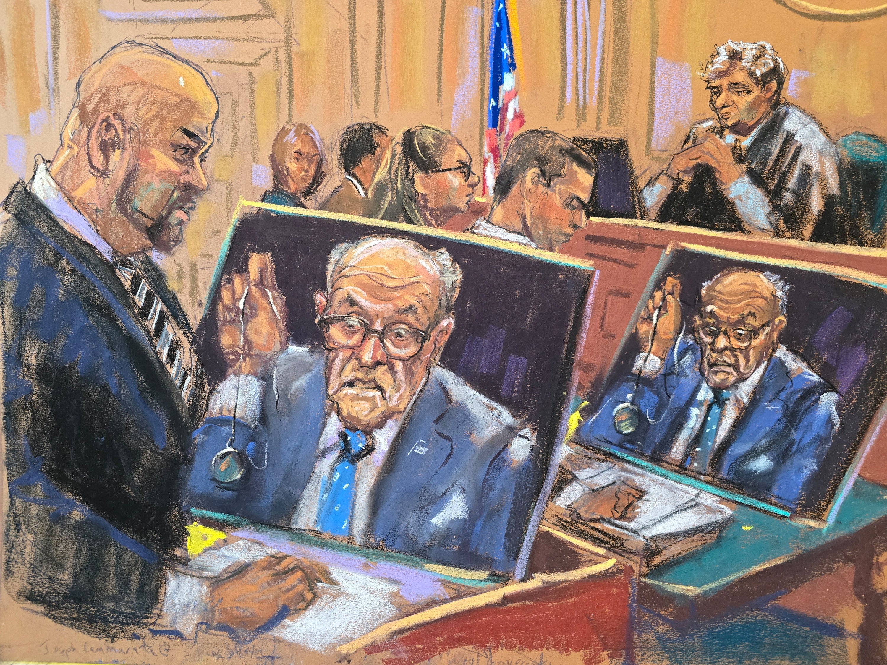 A court sketch depicts Rudy Giuliani holding up a to watch that he has not yet turned over while appearing remotely by video link January 6.