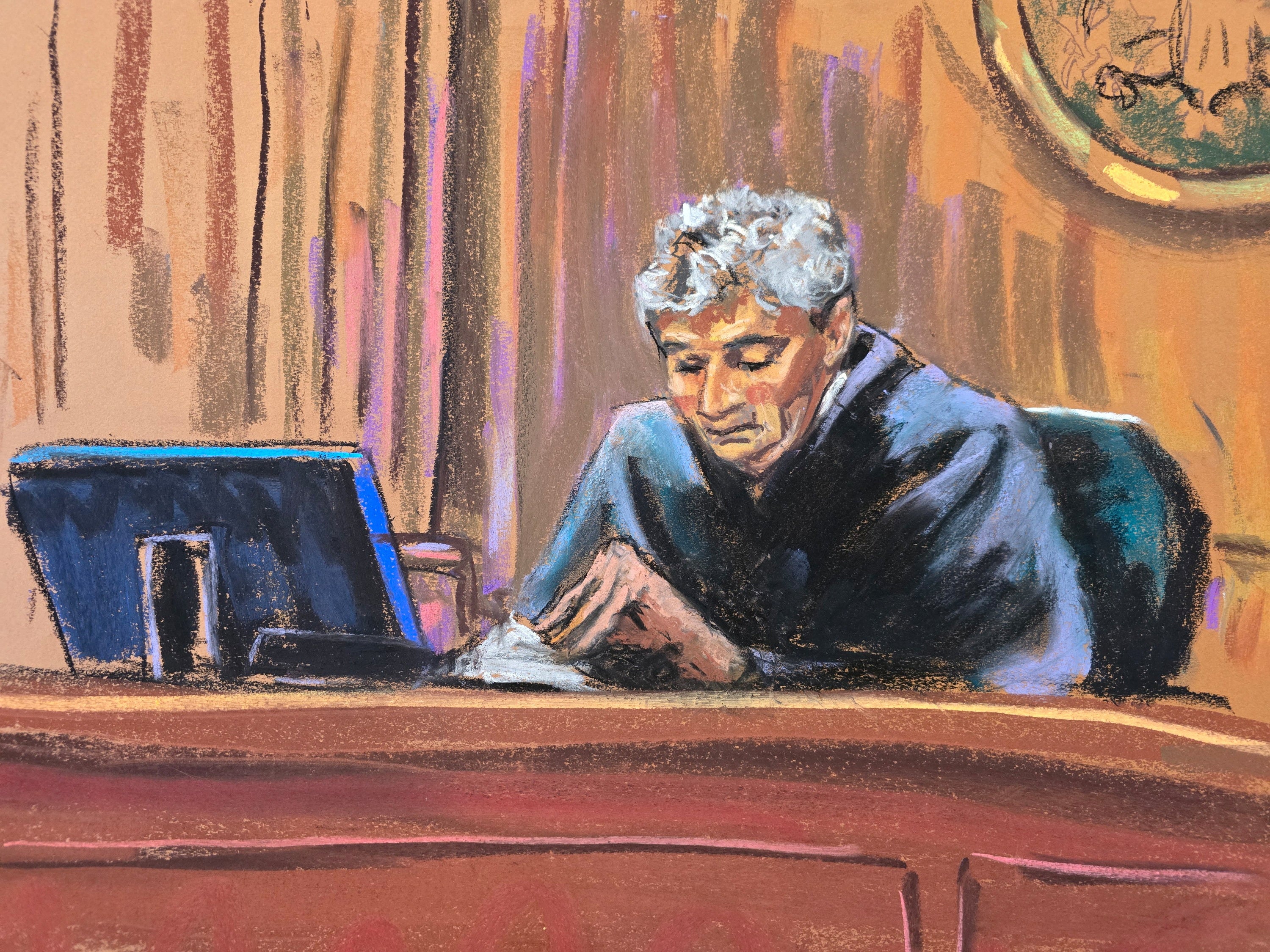 A court sketch depicts District Judge Lewis Liman reading an order finding Rudy Giuliani in contempt of court with additional sanctions in his property turnoever case