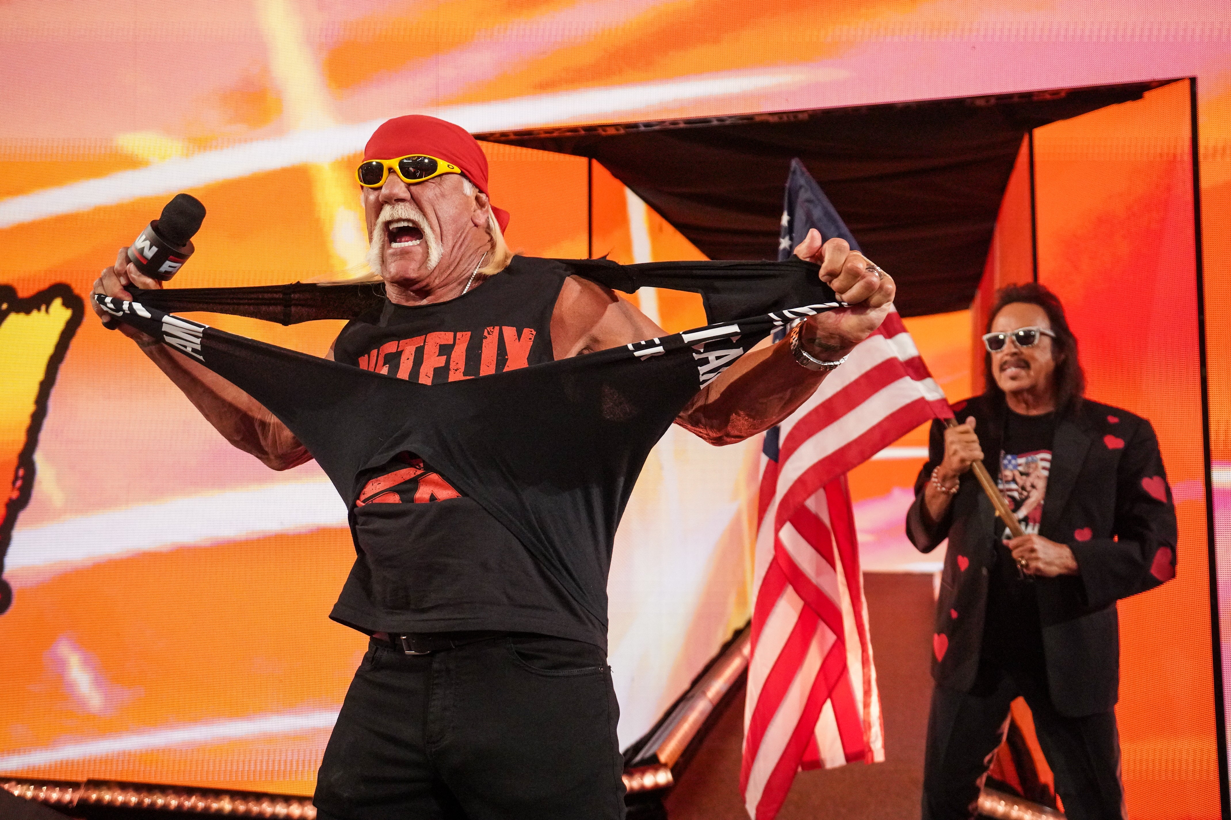 Hulk Hogan speaks to the audience during Monday Night Raw at the Intuit Dome on January 6, 2025 in Inglewood, California