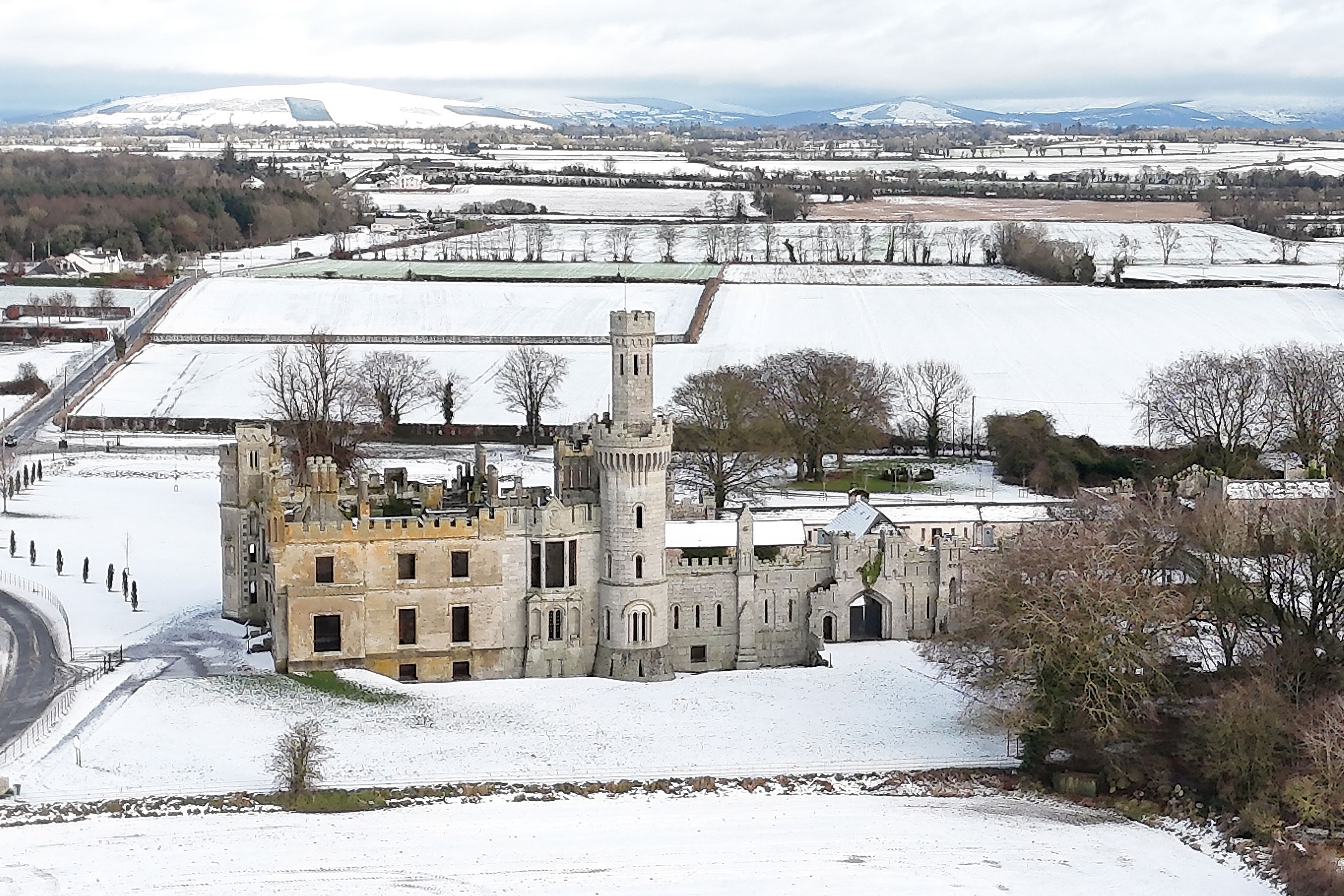 Snow surrounds Duckett’s Grove in Co Carlow (Niall Carson/PA)