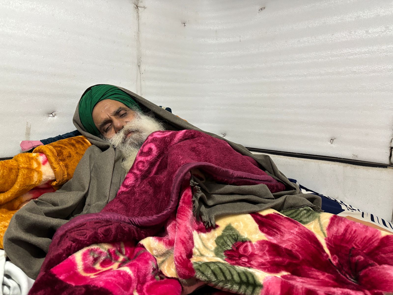 Jagjit Singh Dallewal inside his tent on the Punjab border on Monday