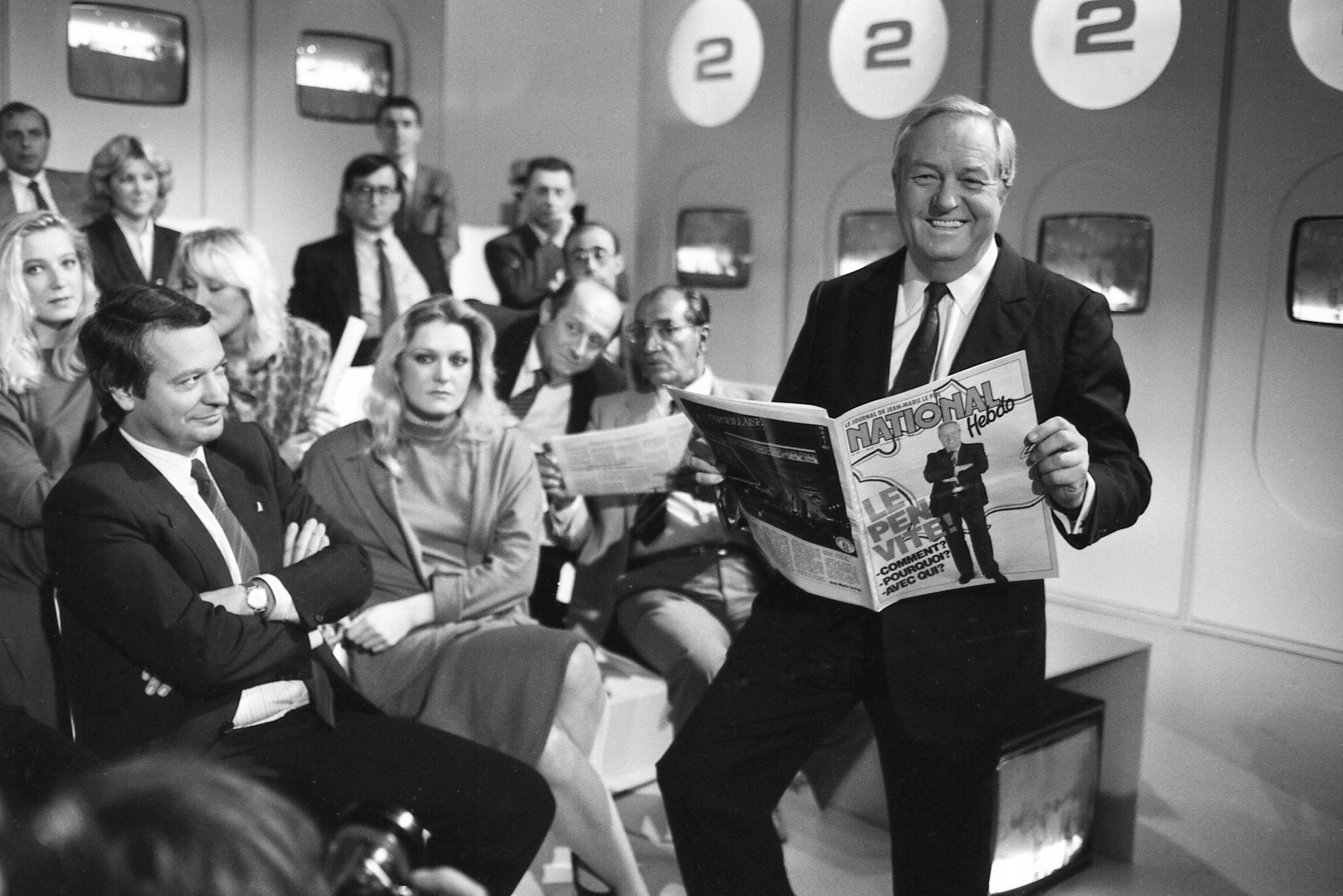 Jean Marie Le Pen and his daughters Marine Le Pen, Yann Le Pen and Marie-Caroline Le Pen, in the studio for the filming of L'Heure de Verite in 1985