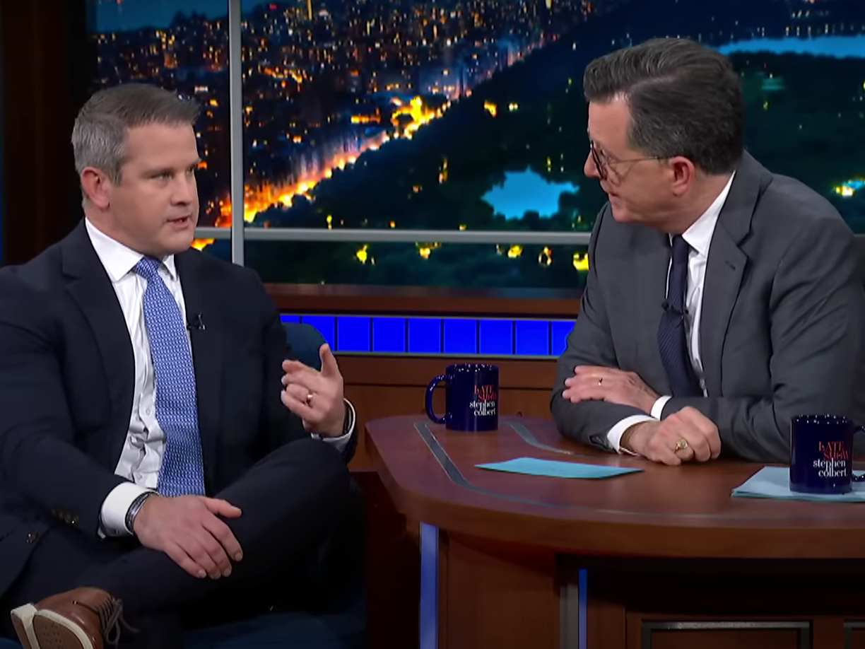 Adam Kinzinger is interviewed by Stephen Colbert on The Late Show with Stephen Colbert on Monday January 6 2025