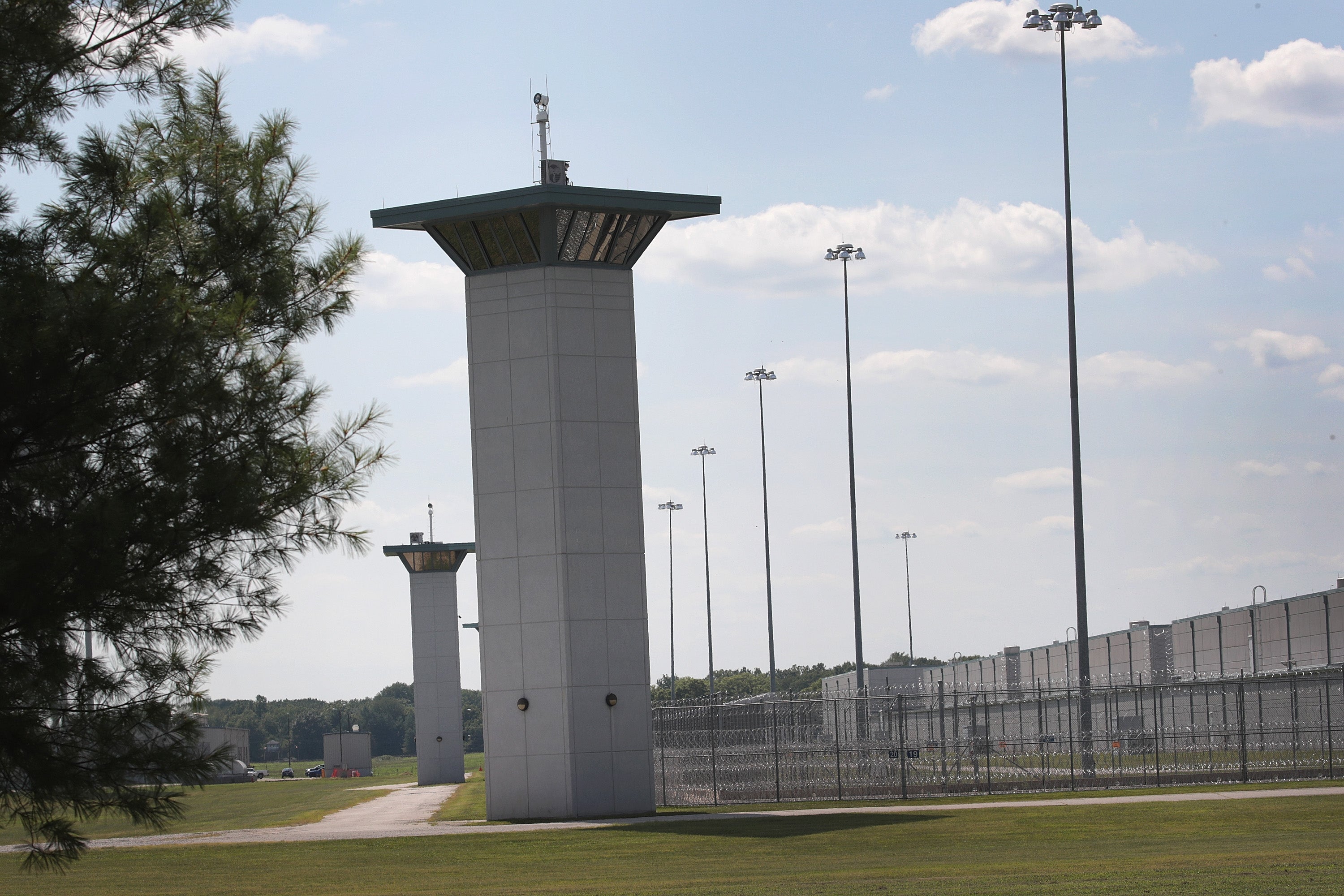 Guard towers rise above the grounds of the Federal Correctional Complex Terre Haute on July 25, 2019 in Terre Haute, Indiana. Two inmates at the complex have rejected the commutations of their death sentences