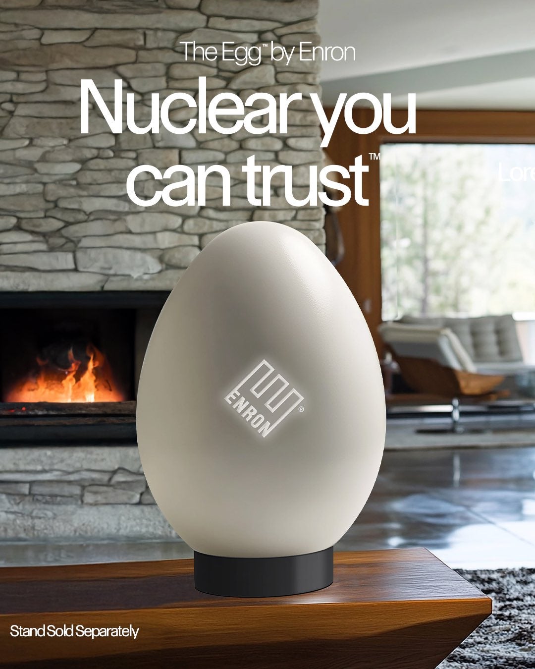 The Enron Egg sits in front of a fireplace in this advertisement. The egg is allegedly available for pre-order