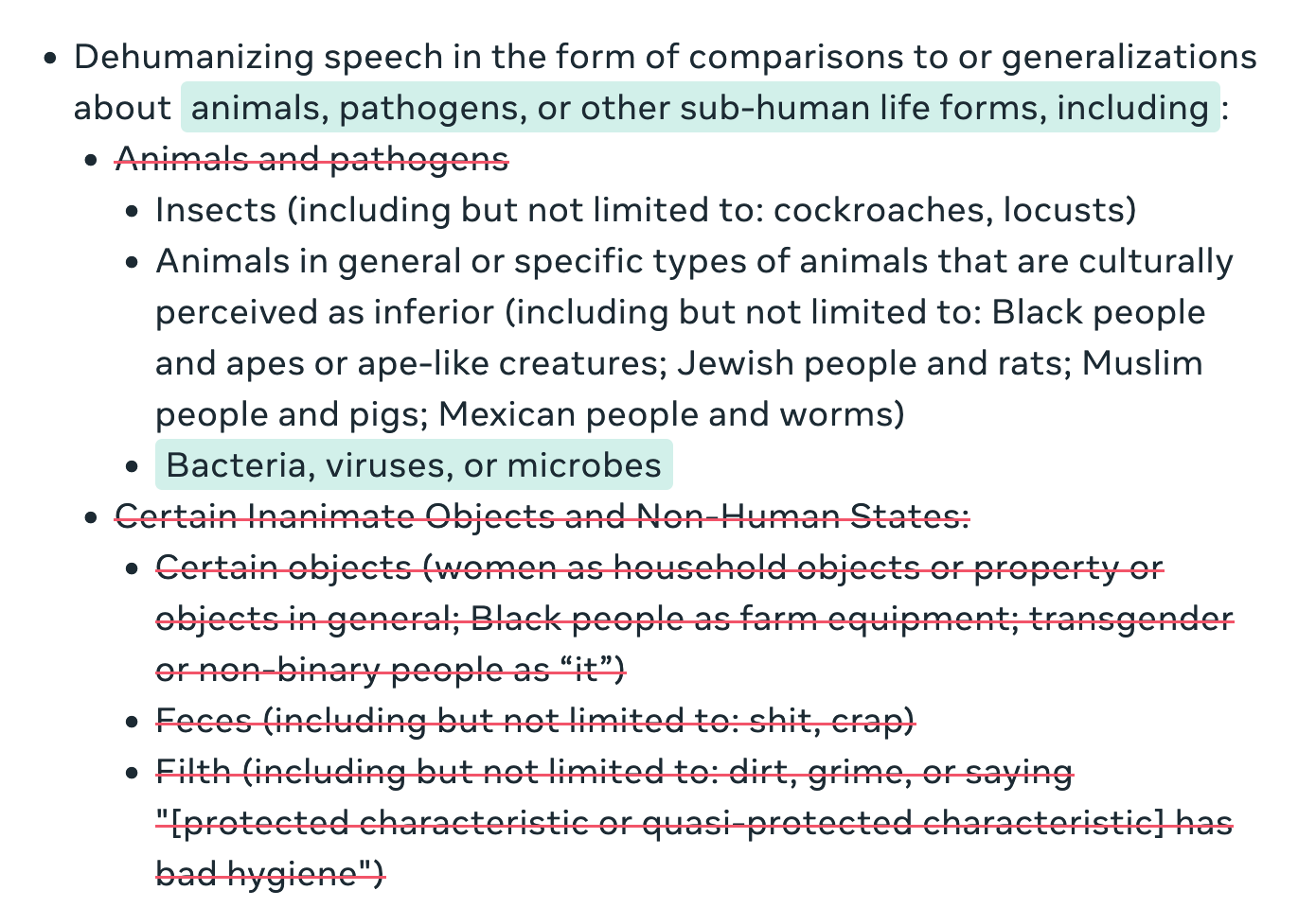 A screenshot from Meta’s policy change log, showing adjustments as of Tuesday Jan 7, 2024. Green highlights are additions, red strikethroughs are deletions. Note that “Black people as farm equipment” has been added back in to a different bullet point, not seen in this screenshot.