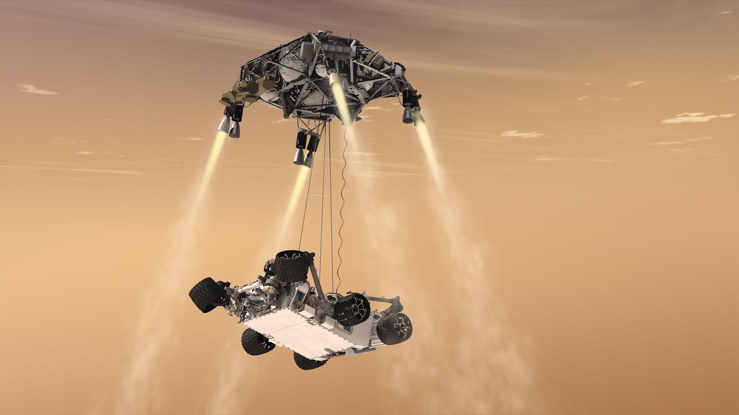 This artist's concept shows Sky Crane during the descent of NASA's Curiosity rover to the Martian surface. NASA said it was considering using the technology for its Mars Sample Return Mission