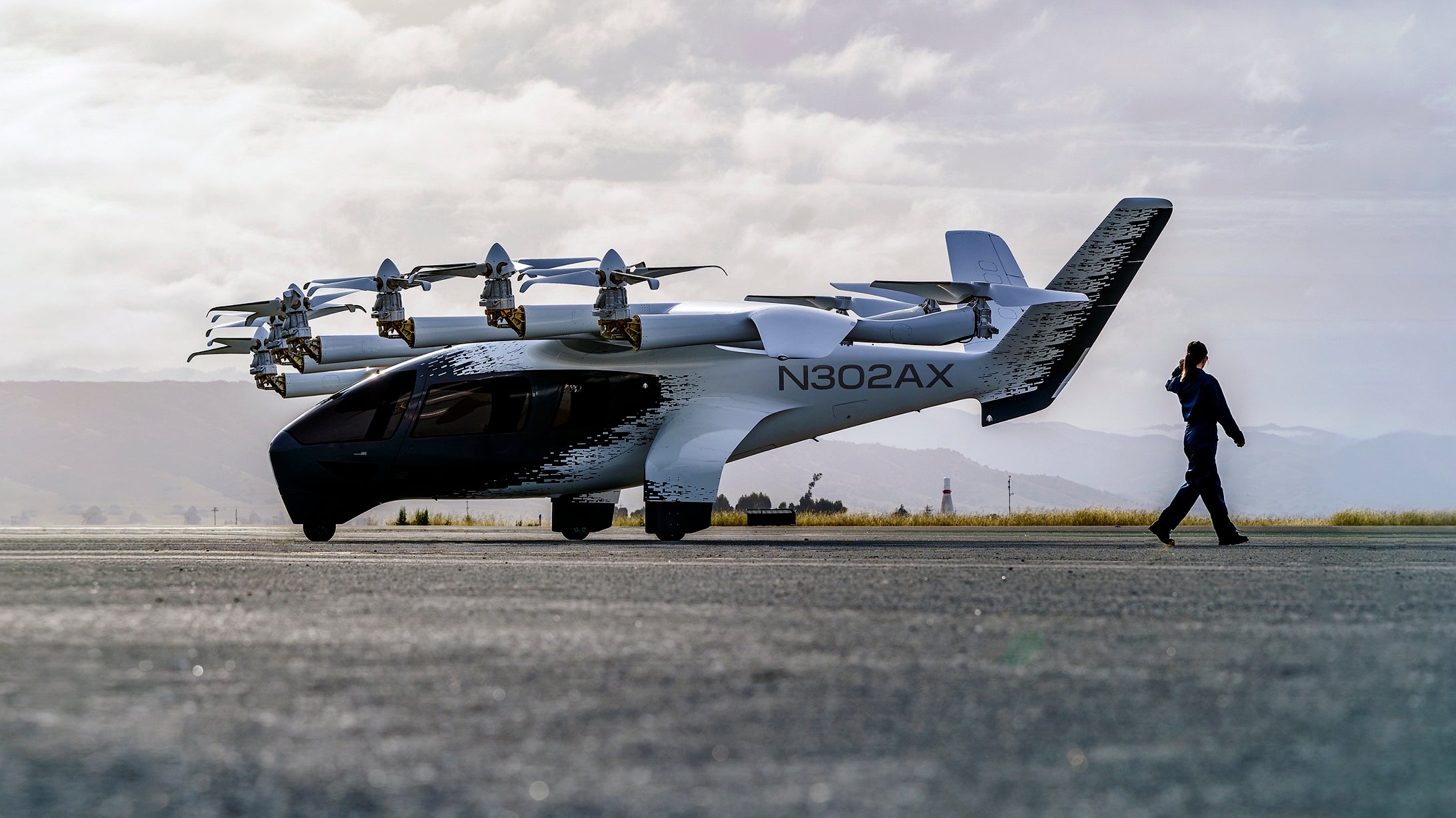 An ‘electric vertical take-off and landing’ aircraft built by Archer Aviation is parked at an airfield in Salinas,