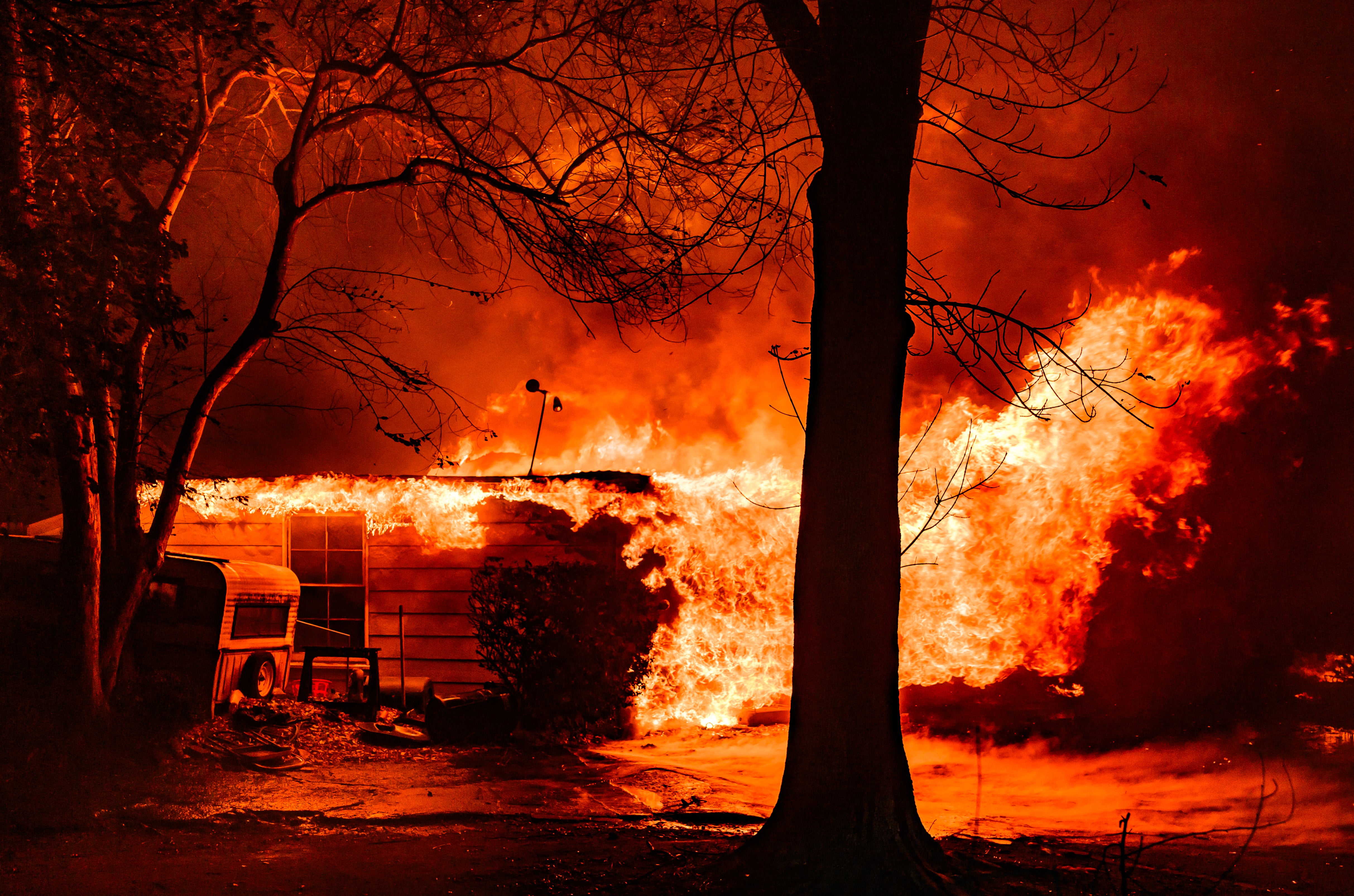 A home engulfed in flames during the Eaton fire in Pasadena, California on 7 January 2025