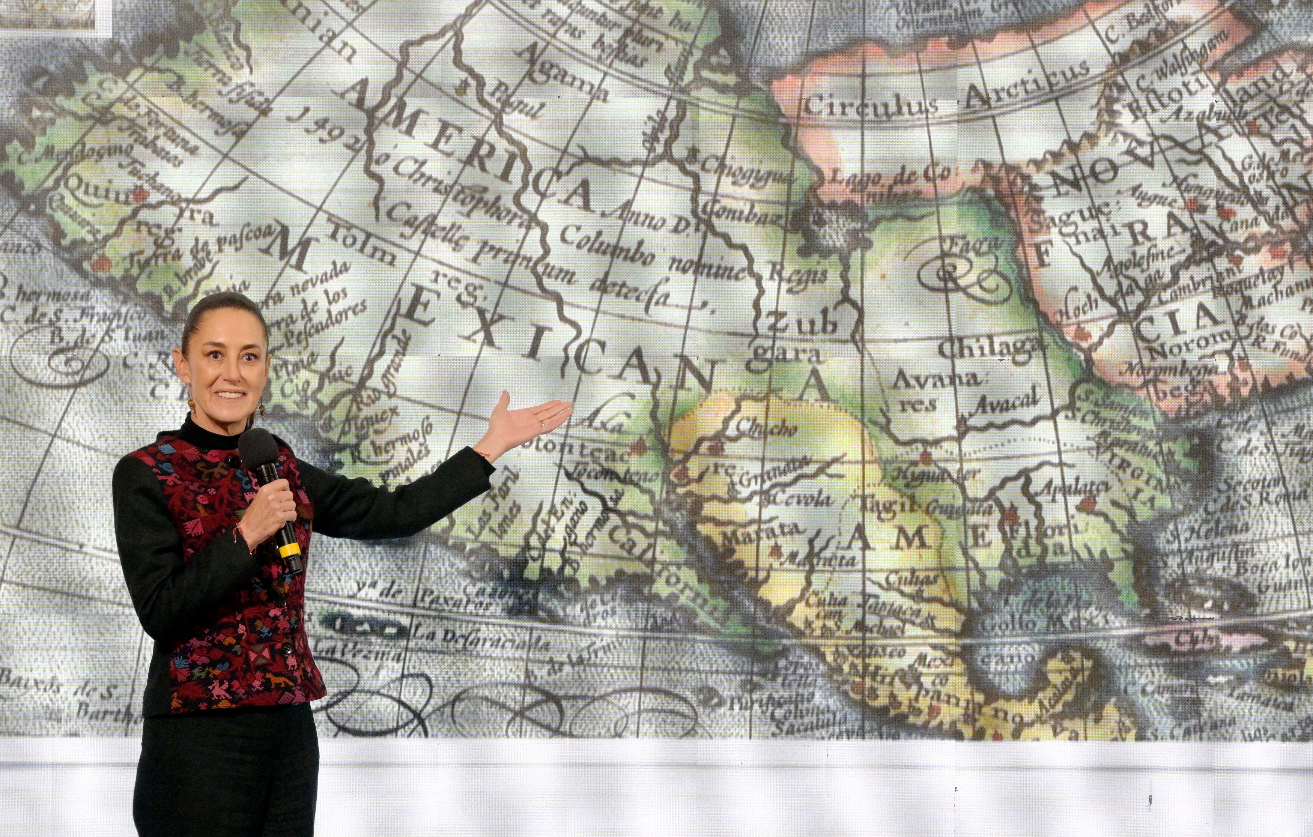 Mexico’s President Claudia Sheinbaum speaks during her daily conference at the National Palace in Mexico City on January 8, 2025. She suggested that parts of the U.S. be called ‘Mexican America’ in response to Donald Trump’s comments about the Gulf of Mexico