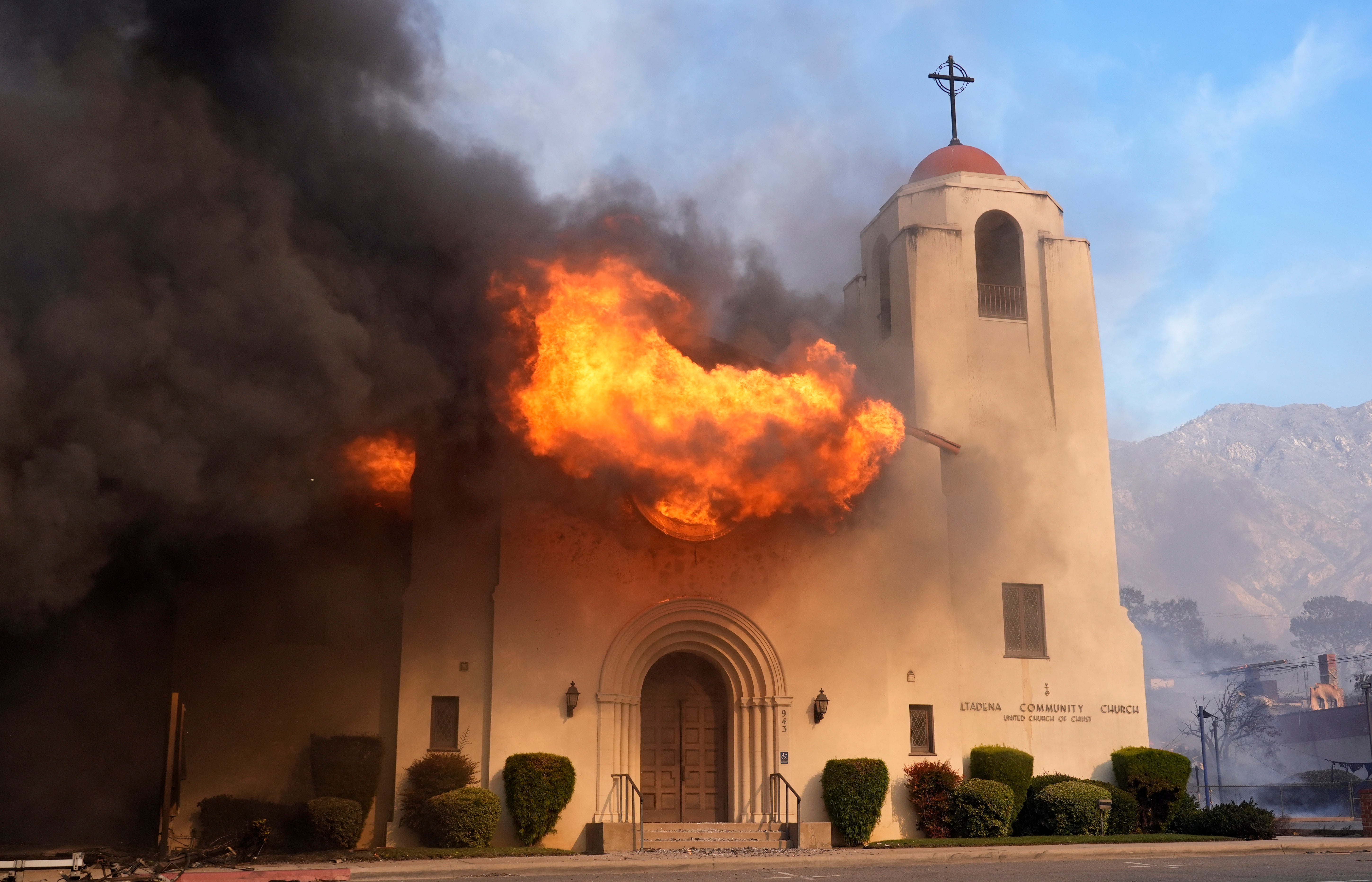 <p>A church is Altadena, California, is destroyed by the wildfires </p>