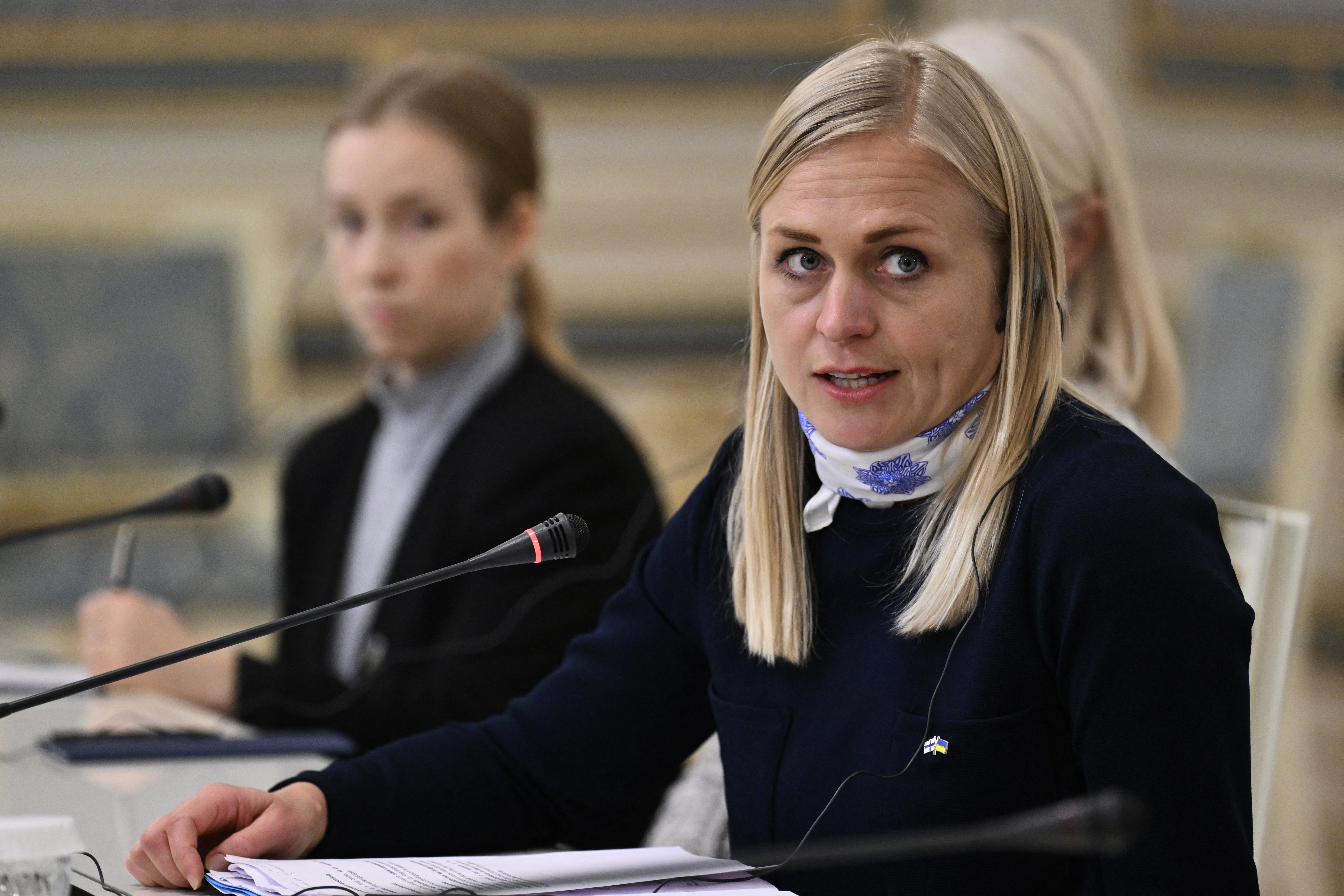 Finland’s minister of foreign affairs Elina Valtonen speaks to journalists during a meeting in Kyiv