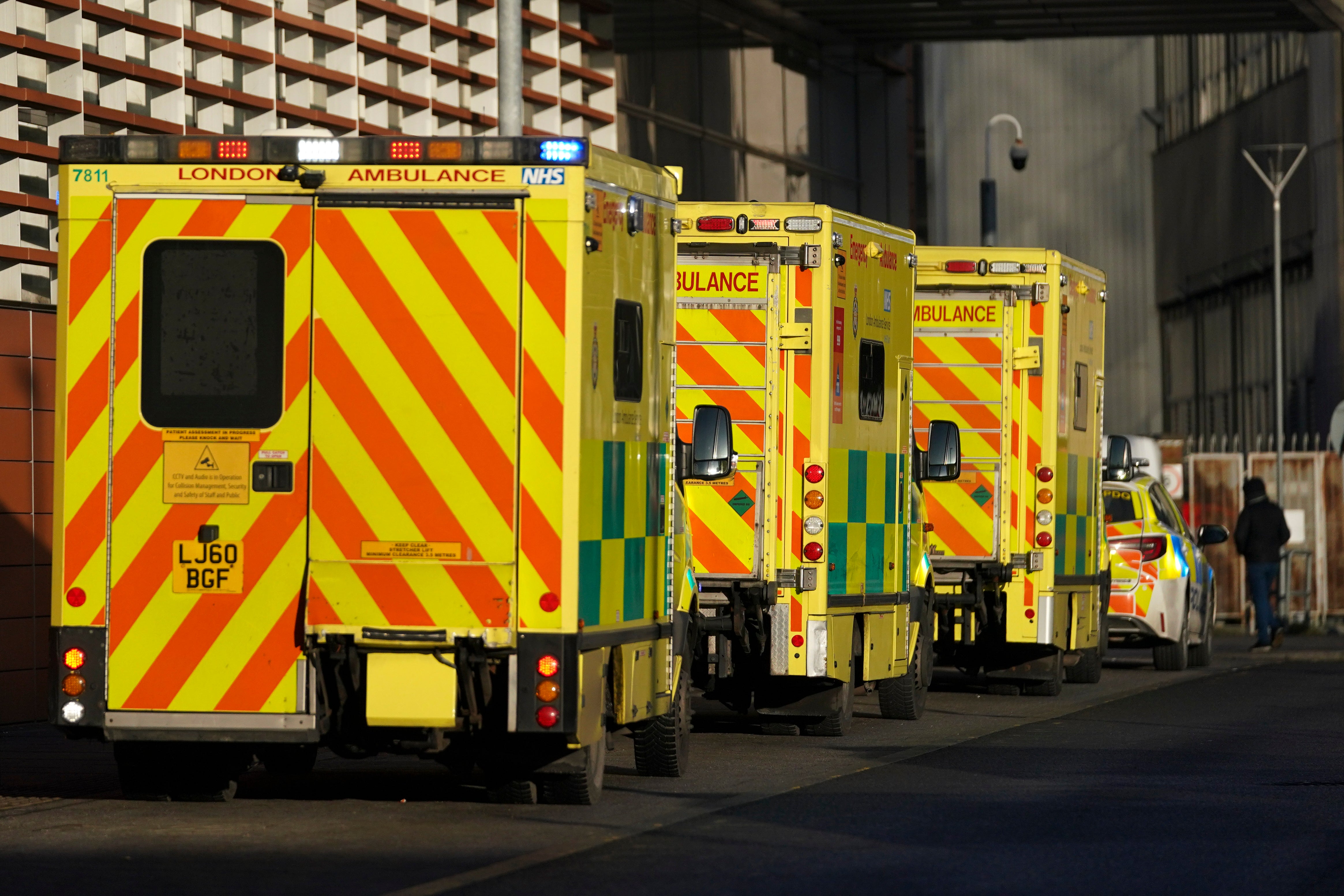 Ambulances lined up outside the Royal London Hospital, in London on Thursday