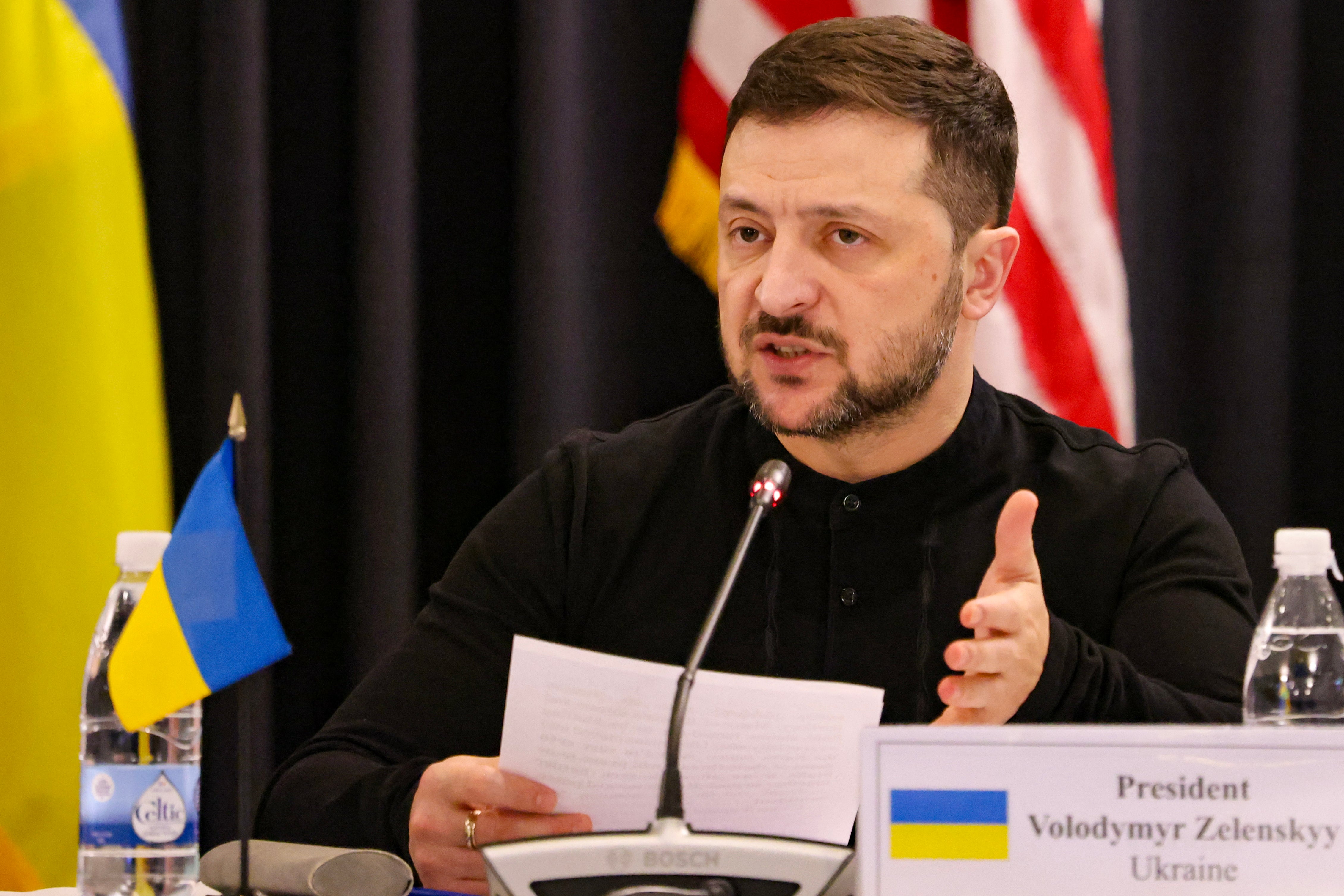 Ukraine's President Volodymyr Zelensky speaks during the opening of the Ukraine Defense Contact Group meeting at Ramstein Air Base, Germany