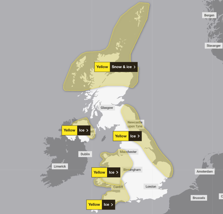 Three fresh weather warnings have been issued until 10am on Friday