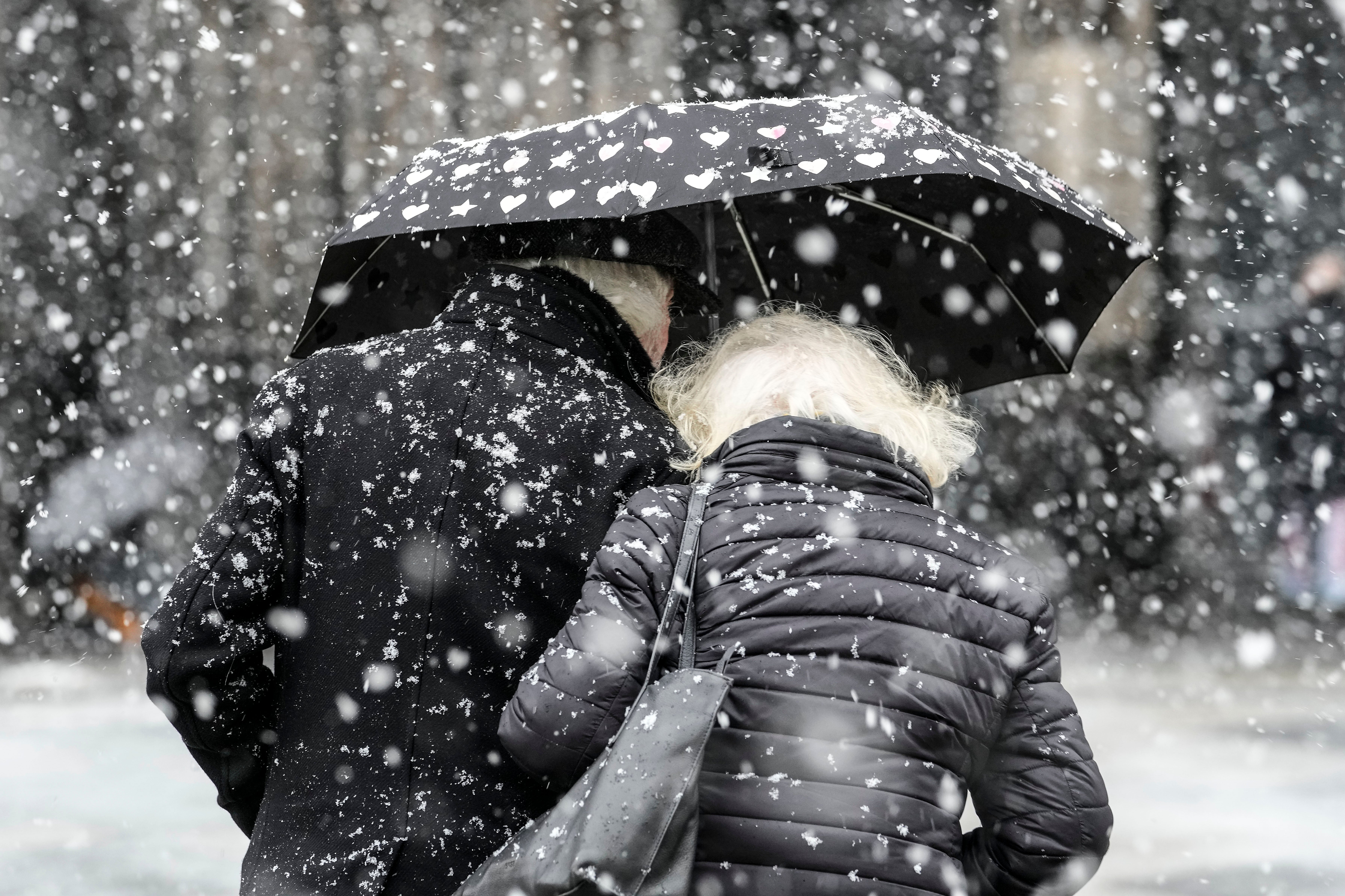 People hiding behind umbrellas during heavy snowfall in Cologne, Germany