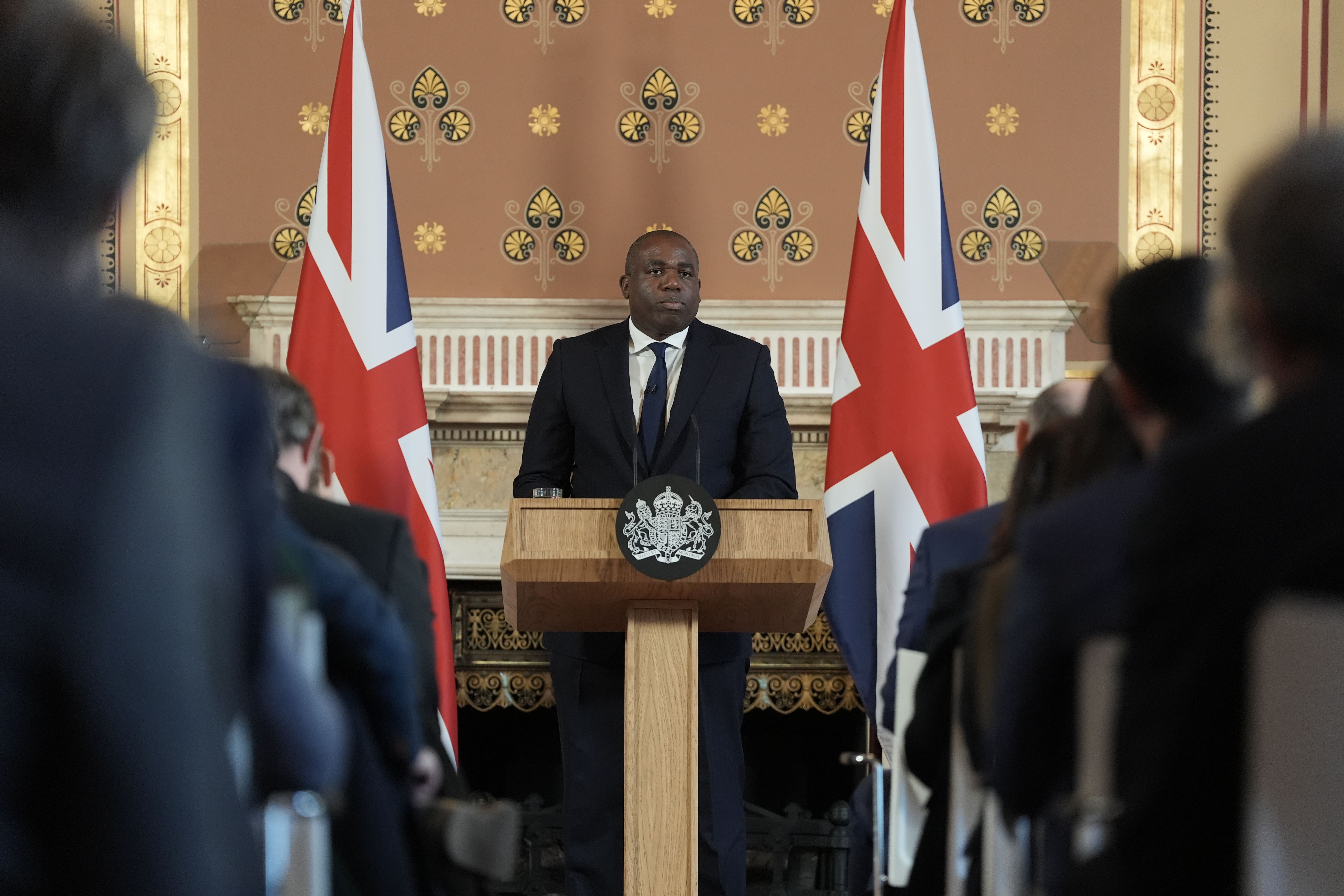 Foreign Secretary David Lammy delivers a speech at the Foreign Office on Government plans for new sanctions which will target the finances of people-smuggling networks (Stefan Rousseau/PA)