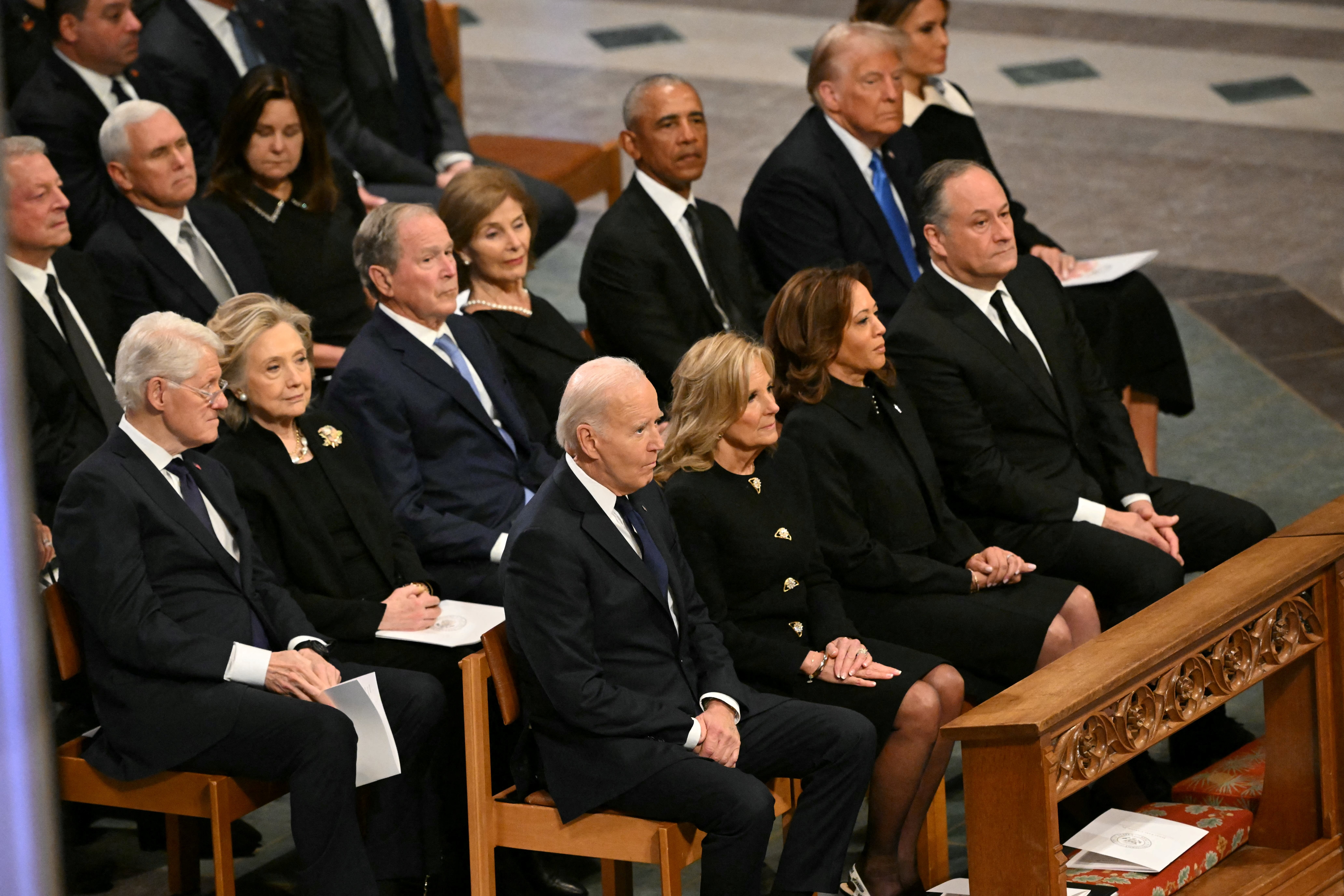 All five living presidents and their partners, along with Vice President Kamala Harris and Second Gentleman Doug Emhoff, sit in the National Cathedral for former President Jimmy Carter’s funeral on Thursday