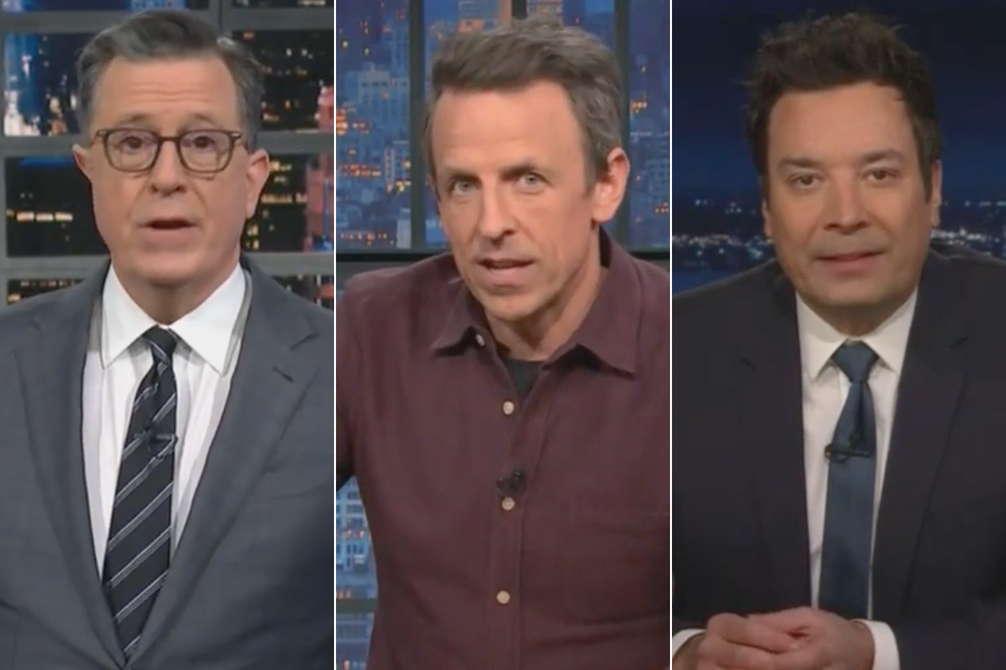 Stephen Colbert, Jimmy Fallon and Seth Meyers paid tribute to L.A. on Wednesday night