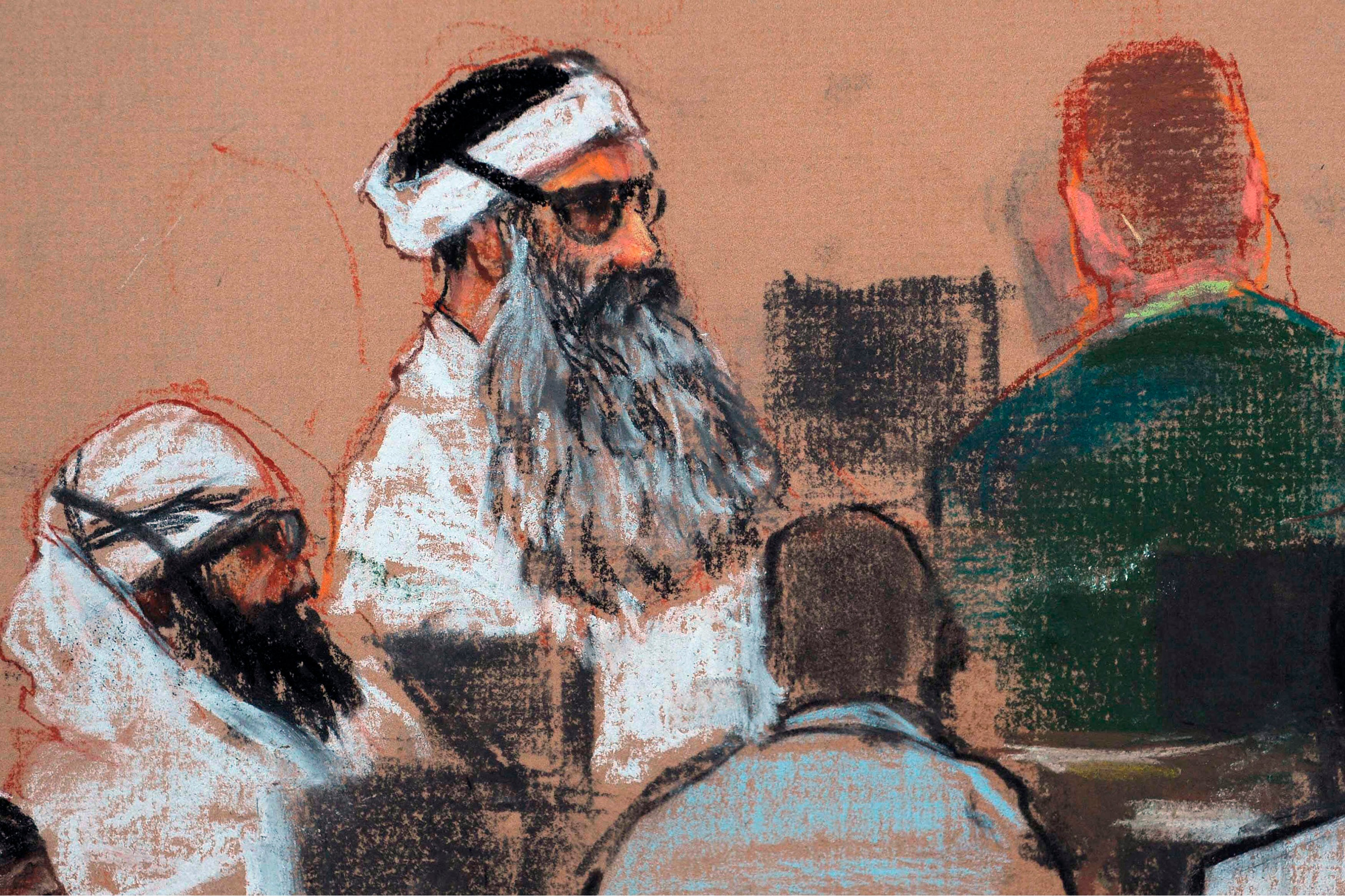 A courtroom sketch of Khalid Sheikh Mohammed who, along with his co-conspirators, has been offered a plea deals that would take the death penalty off the table.