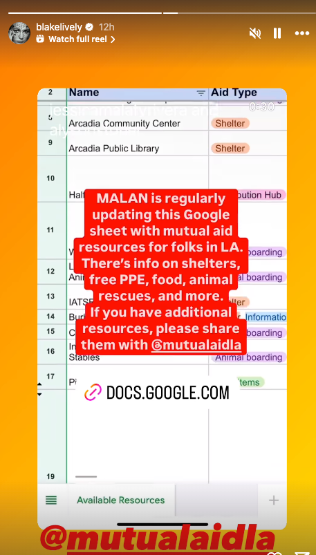 The actress scrolls through a spreadsheet of shelters, animal rescues, and food banks available on Instagram