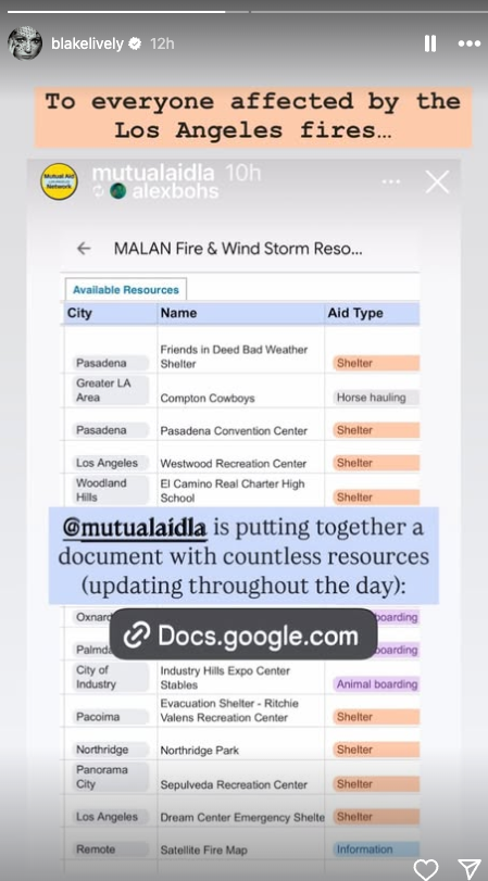 Blake Lively shares a Mutual Aid LA resource list for the Los Angeles wildfires on her Instagram story on January 9